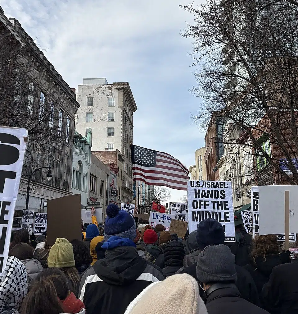 Protestors marching against ICE in downtown Durham, N.C., on January 30, 2026.