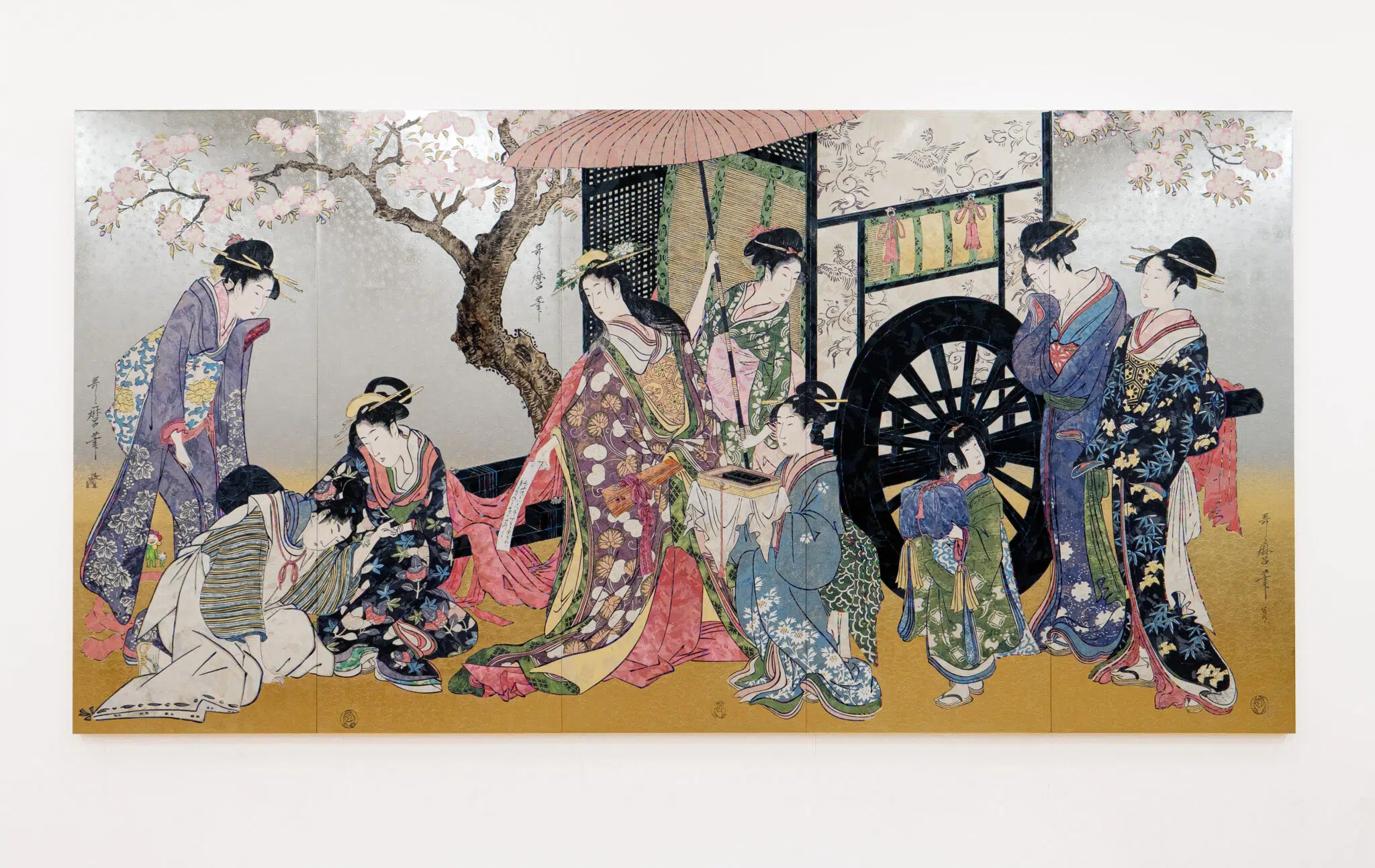 Takashi Murakami, &ldquo;Kitagawa Utamaro&rsquo;s &lsquo;Parody of an Imperial Carriage Scene&rsquo; Cherry Blossoms Dancing in the Air - SUPERFLAT,&ldquo; 2025-2026. Acrylic, gold leaf, and platinum leaf on canvas mounted on aluminum frame.