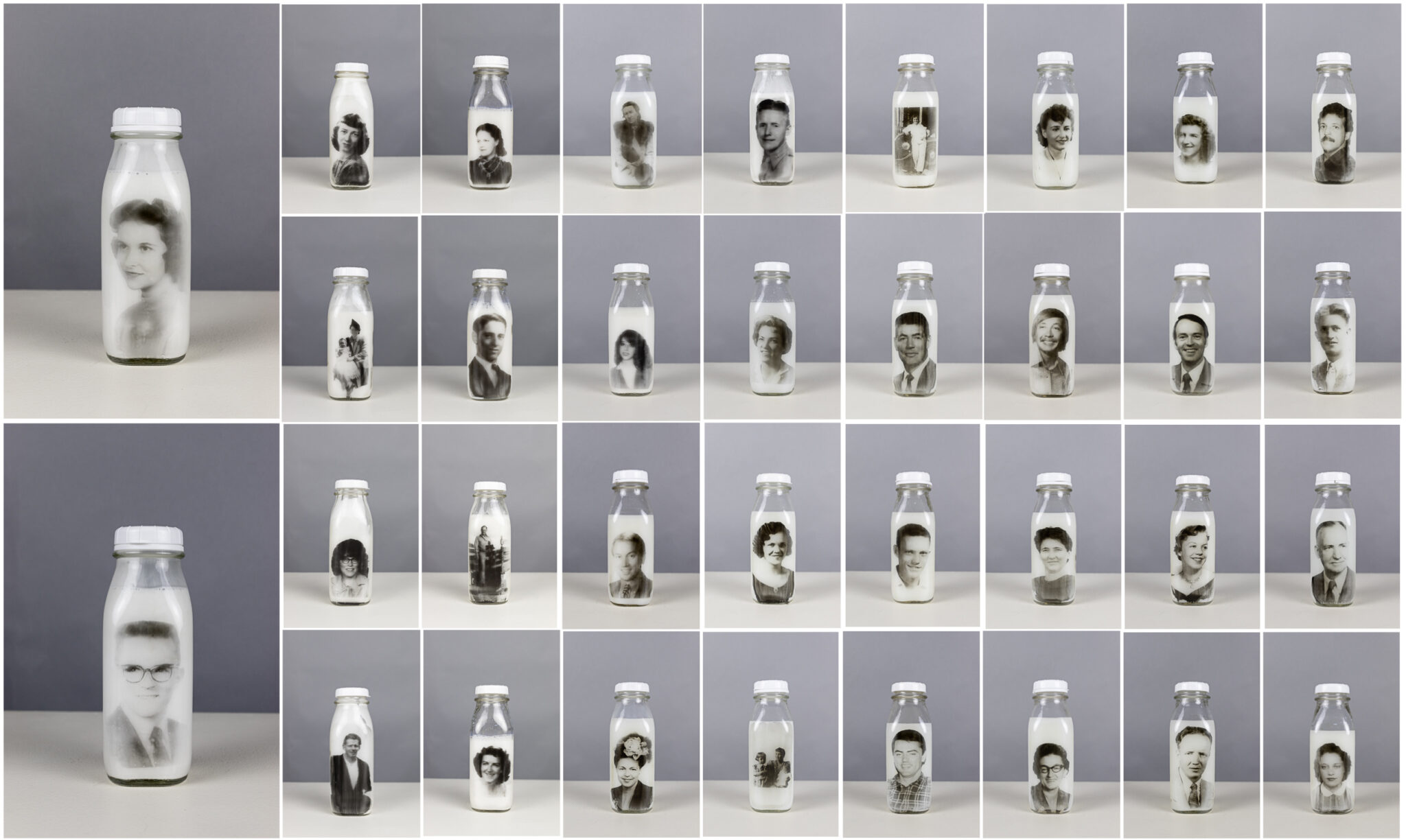 This collection consists of 34 family photographs printed onto glass milk bottles using Liquid Light, a light-sensitive silver-gelatin emulsion that can be applied to a variety of surfaces, and is developed in a darkroom.
