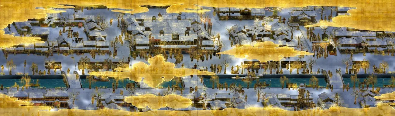 A digitally generated image that resembles a traditional Japanese folding screen. The scene is a bustling city with buildings, people, a river, bridges, and gold clouds.