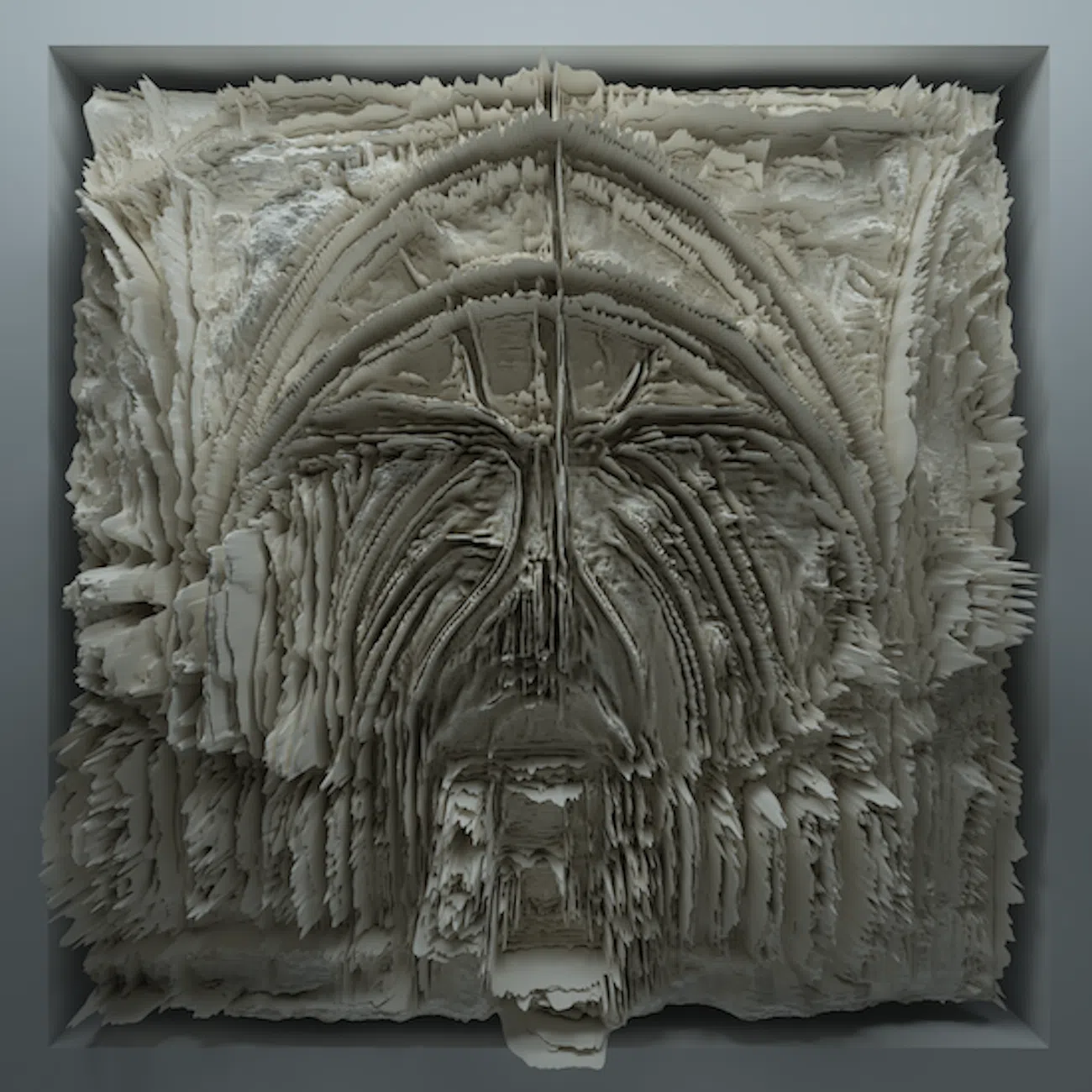 A digitally generated image of many raised white shards that resemble a pointed arch or the facade of a Gothic cathedral