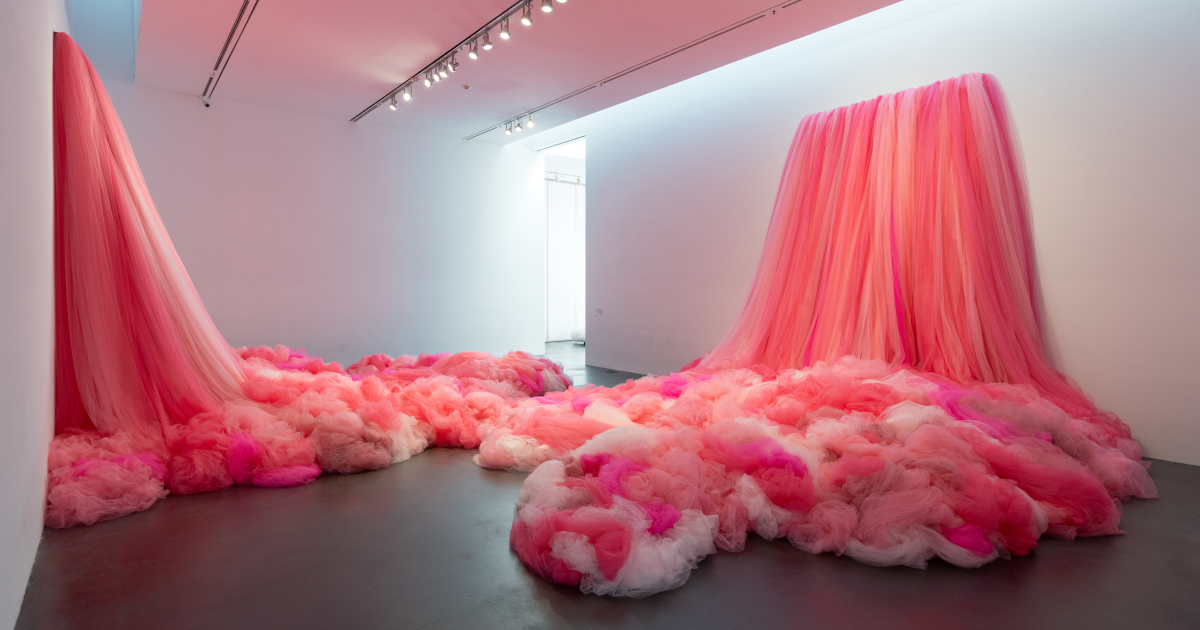 Cascading Tulle Installations Look Like Pink Waterfalls Indoors