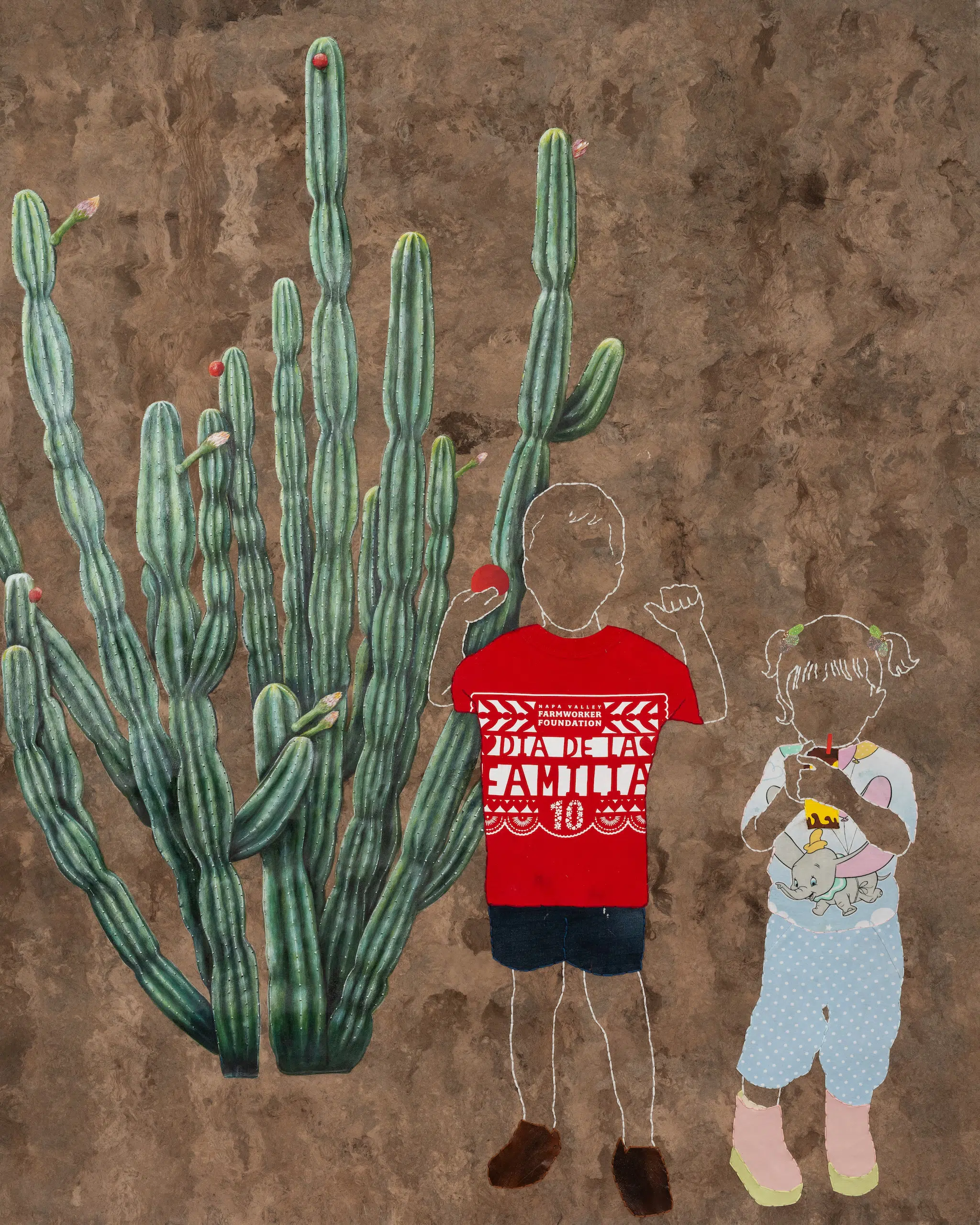 Artwork by Arleene Correa Valencia, featuring painting, embroidery, and textiles