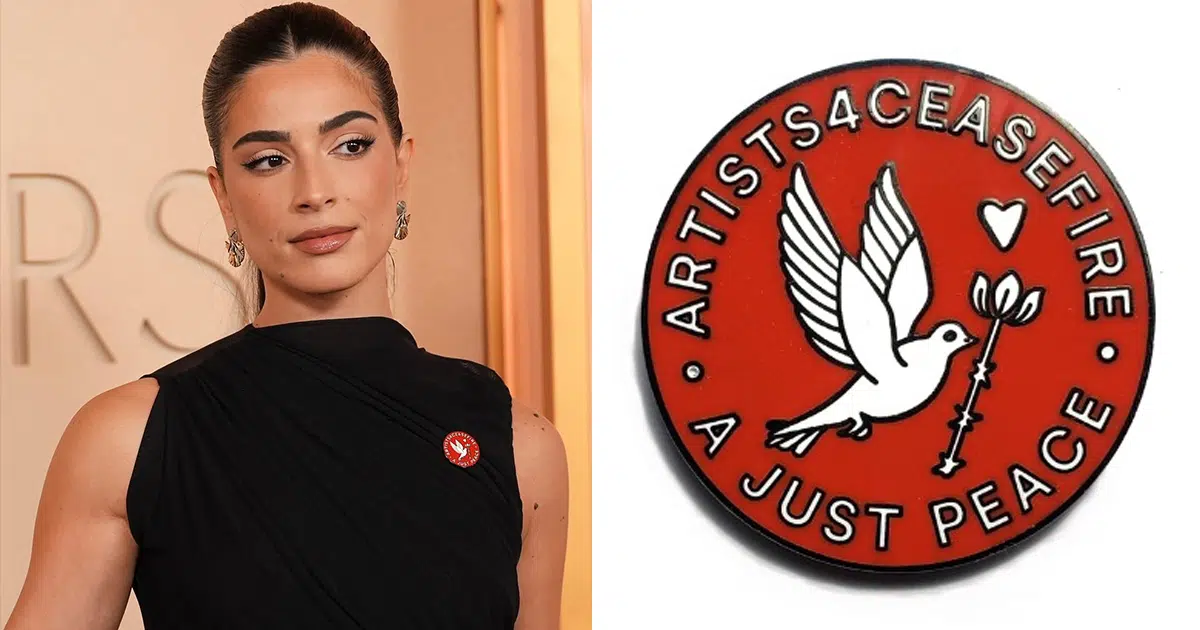 Celebrities Wear New Artists4Ceasefire Pin Designed by Shepard Fairey at the Oscars