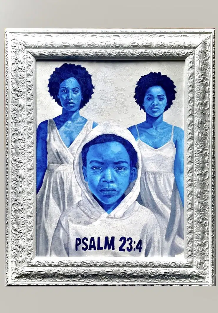 Painting by artist Ashley Nora featuring Black subjects rendered with blue skin