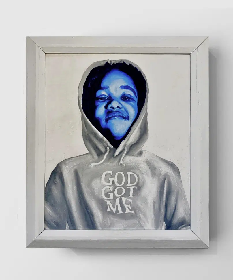 Painting by artist Ashley Nora featuring a Black subject rendered with blue skin