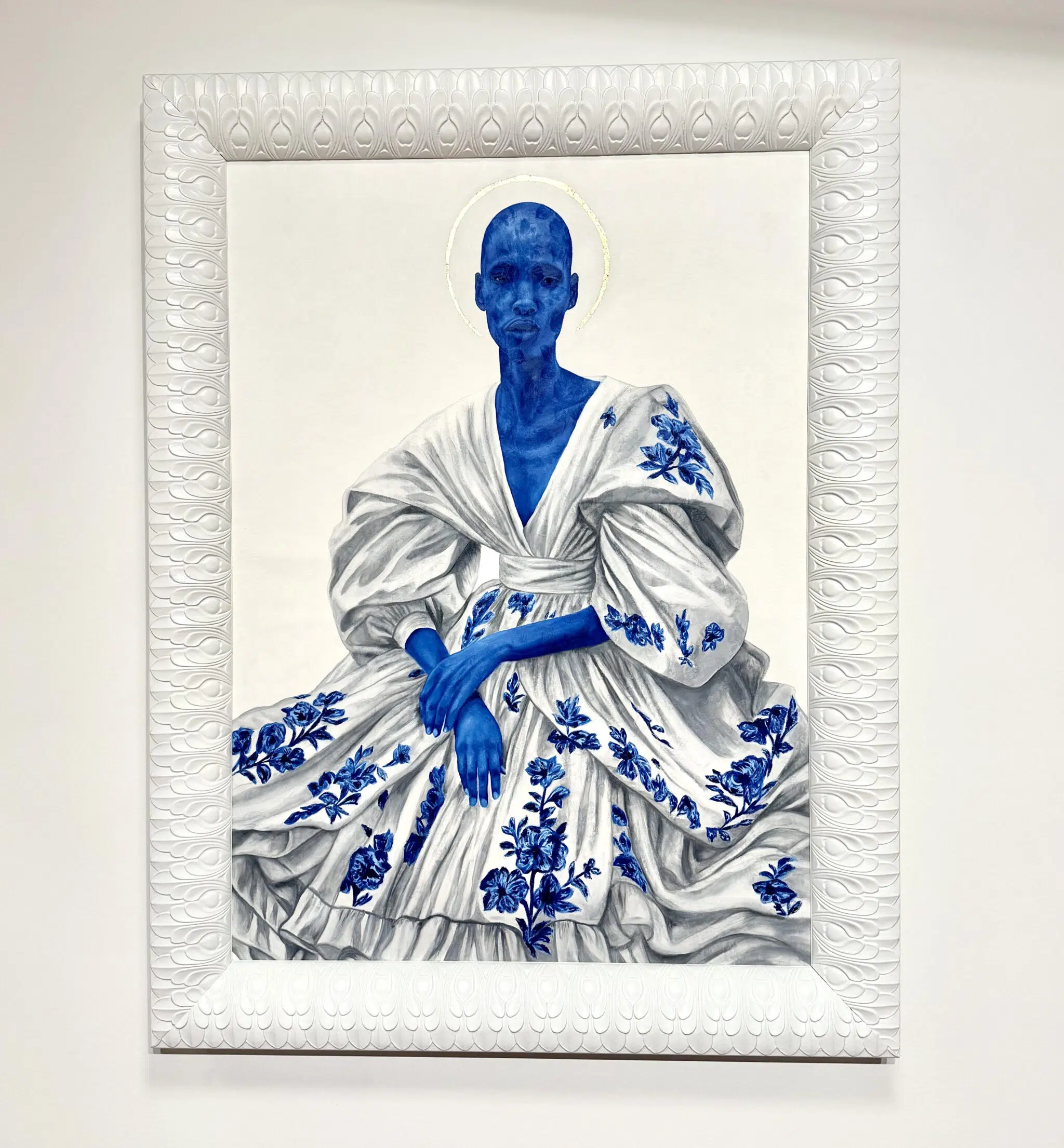 Painting by artist Ashley Nora featuring a Black subject rendered with blue skin