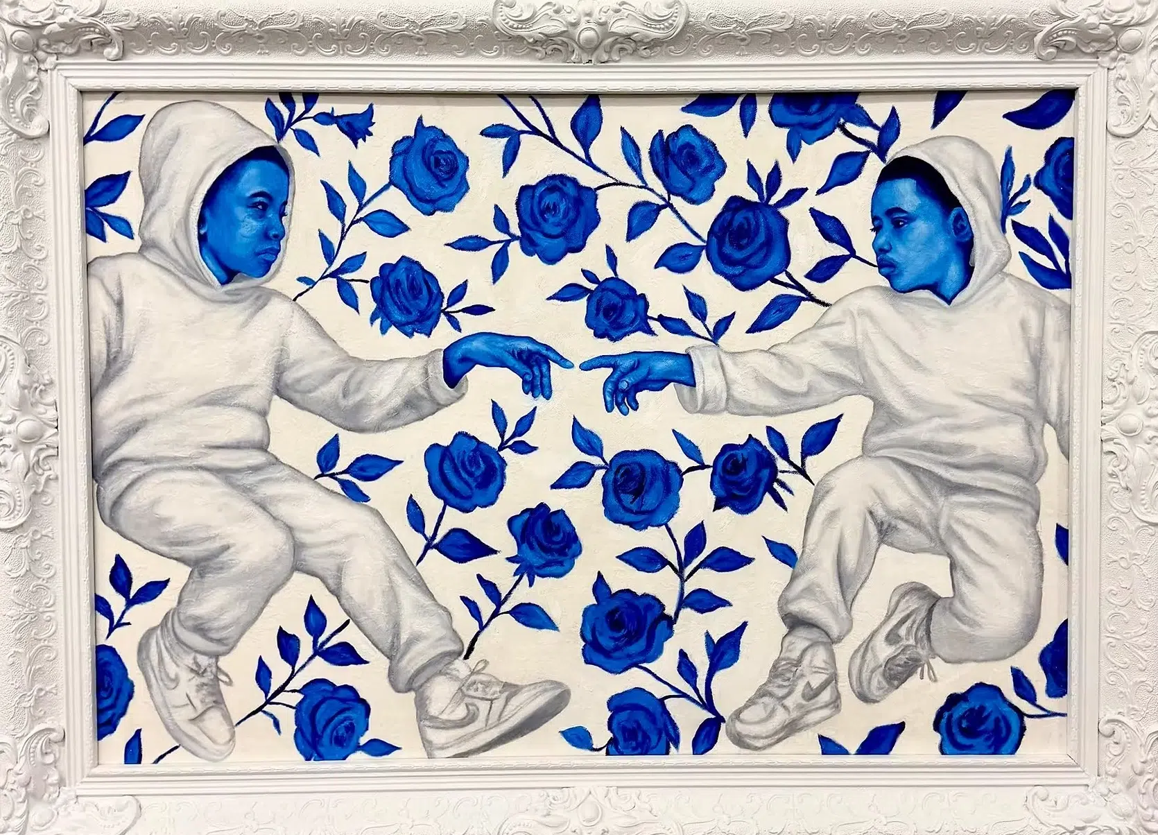 Painting by artist Ashley Nora featuring Black subjects rendered with blue skin