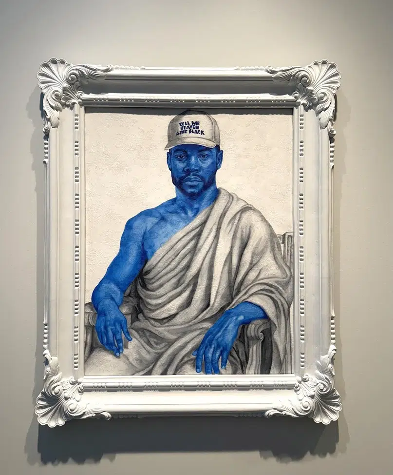 Painting by artist Ashley Nora featuring a Black subject rendered with blue skin