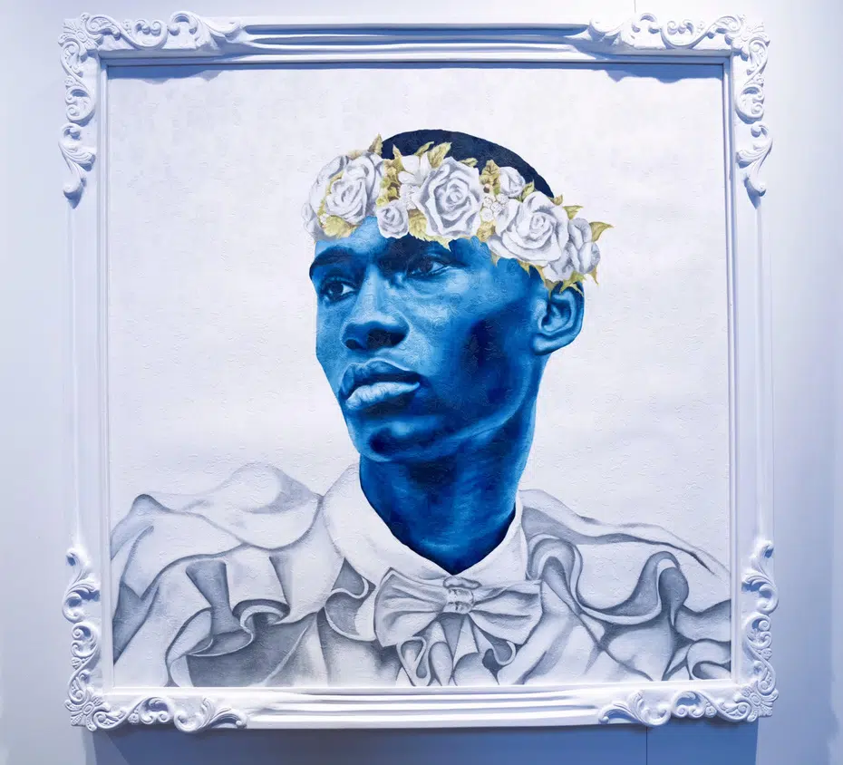 Painting by artist Ashley Nora featuring a Black subject rendered with blue skin