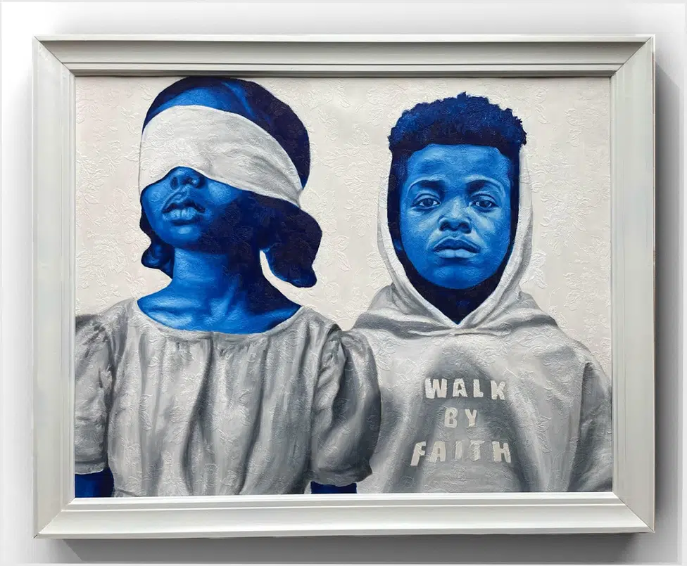 Painting by artist Ashley Nora featuring Black subjects rendered with blue skin