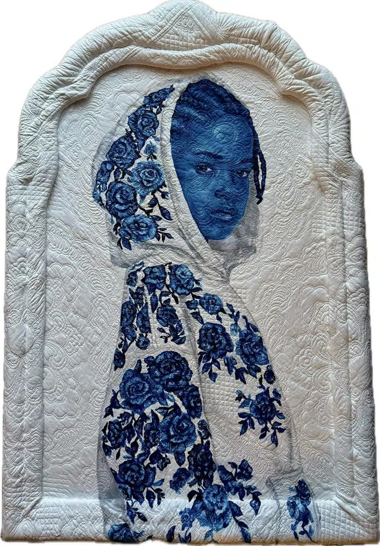 Painting by artist Ashley Nora featuring a Black subject rendered with blue skin