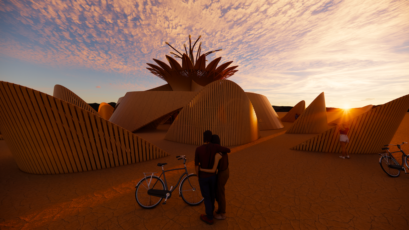 Temple of the Moon at Burning Man 2026 with petal-shaped timber walls and central flower structure.