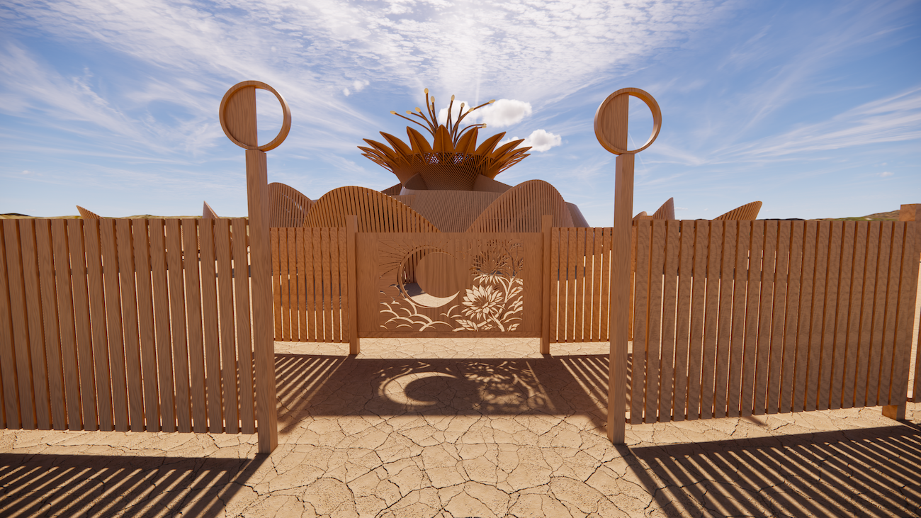 Temple of the Moon at Burning Man 2026 with petal-shaped timber walls and central flower structure.