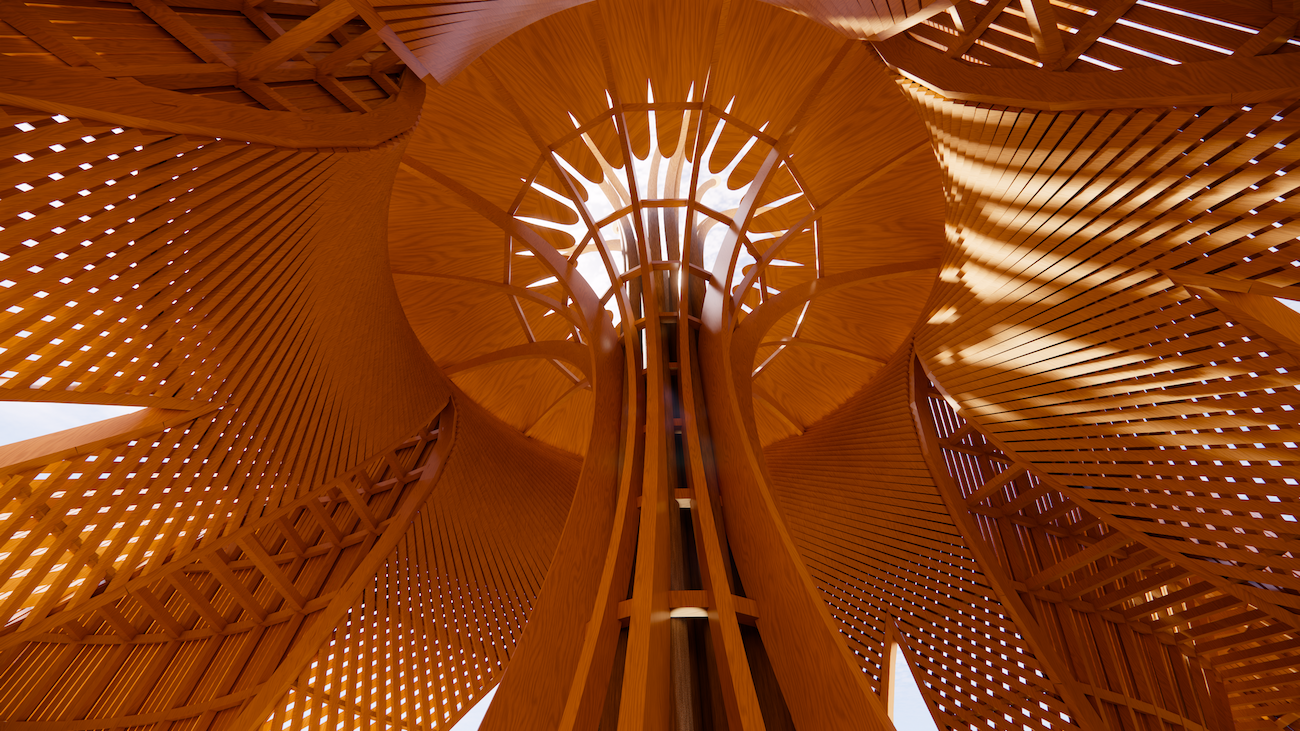 Temple of the Moon at Burning Man 2026 with petal-shaped timber walls and central flower structure.