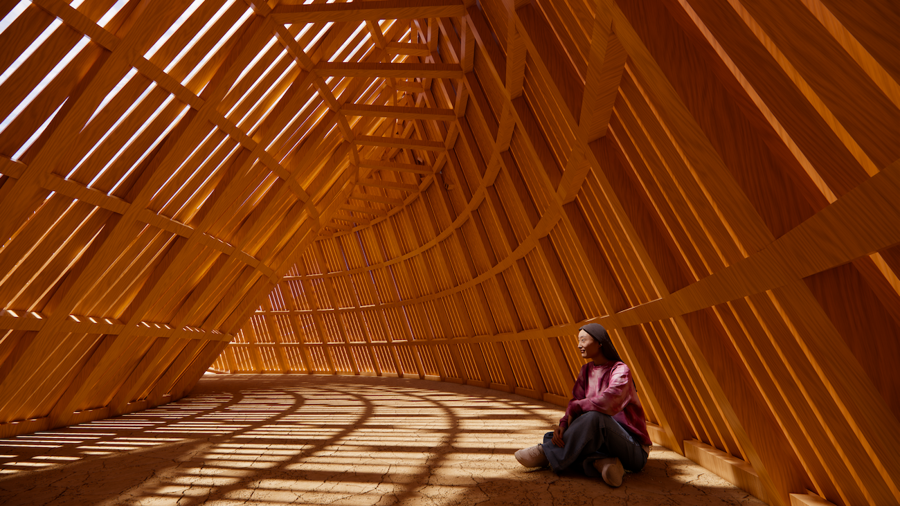Temple of the Moon at Burning Man 2026 with petal-shaped timber walls and central flower structure.