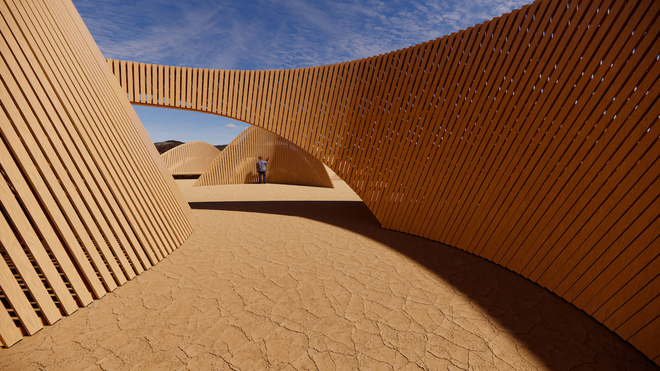 Temple of the Moon at Burning Man 2026 with petal-shaped timber walls and central flower structure.