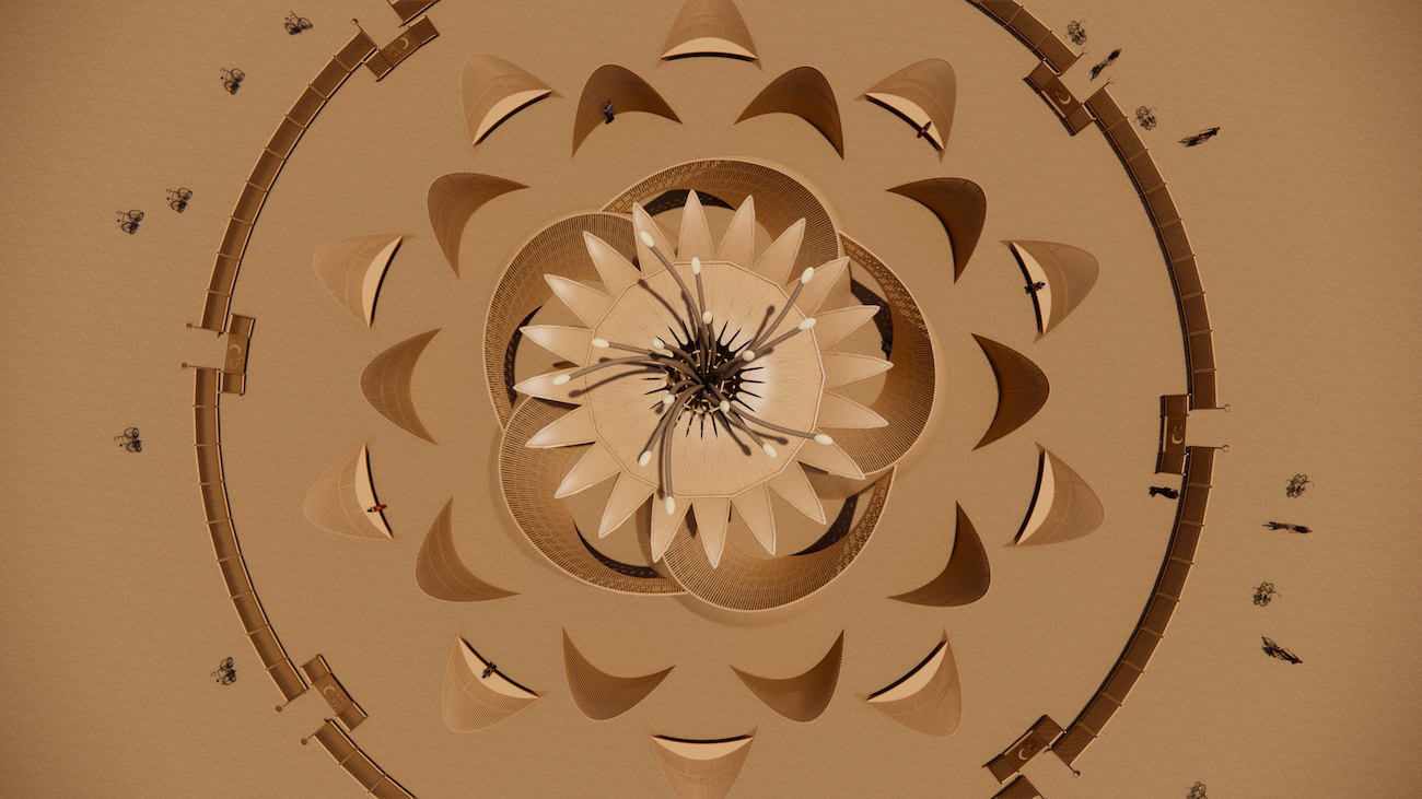Temple of the Moon at Burning Man 2026 with petal-shaped timber walls and central flower structure.