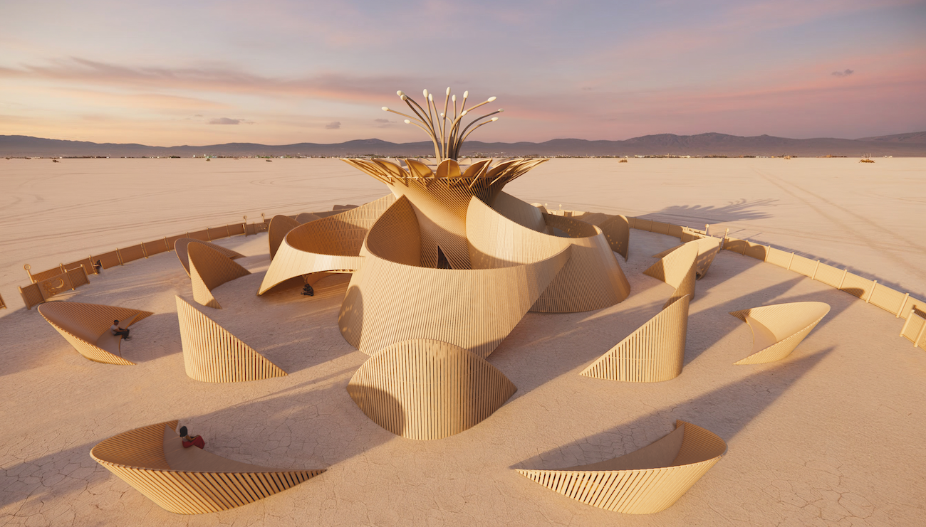 Temple of the Moon at Burning Man 2026 with petal-shaped timber walls and central flower structure.