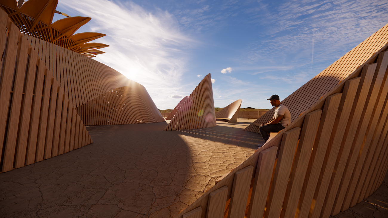 Temple of the Moon at Burning Man 2026 with petal-shaped timber walls and central flower structure.