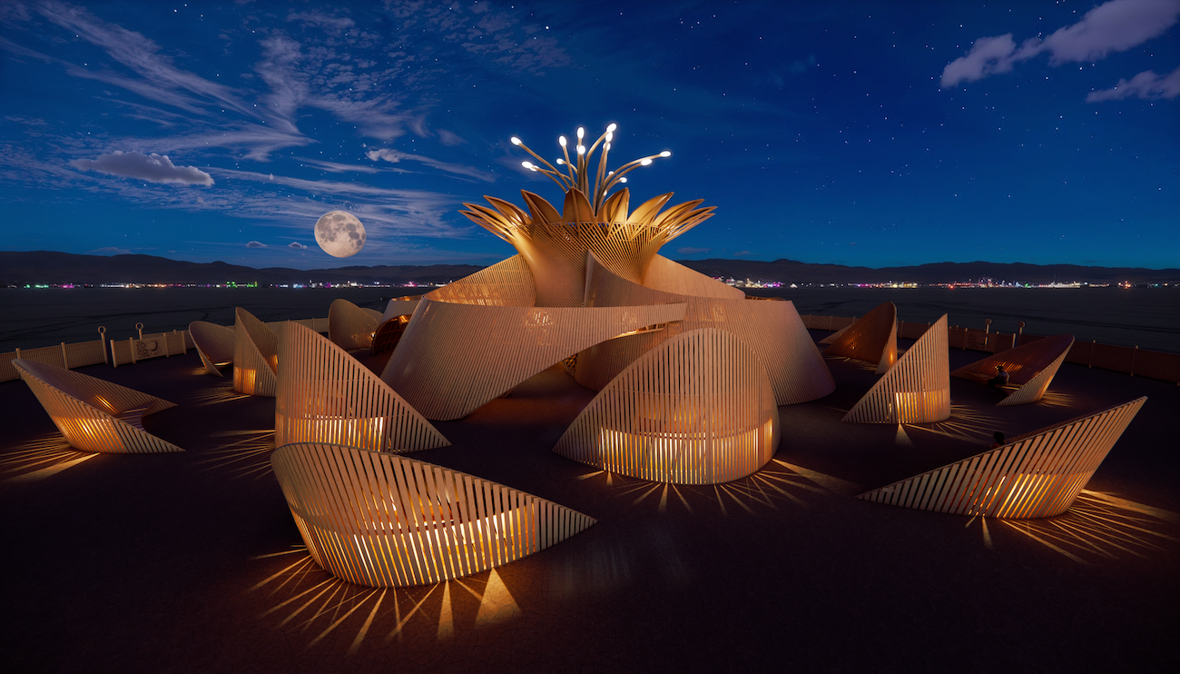 Temple of the Moon at Burning Man 2026 with petal-shaped timber walls and central flower structure at night.