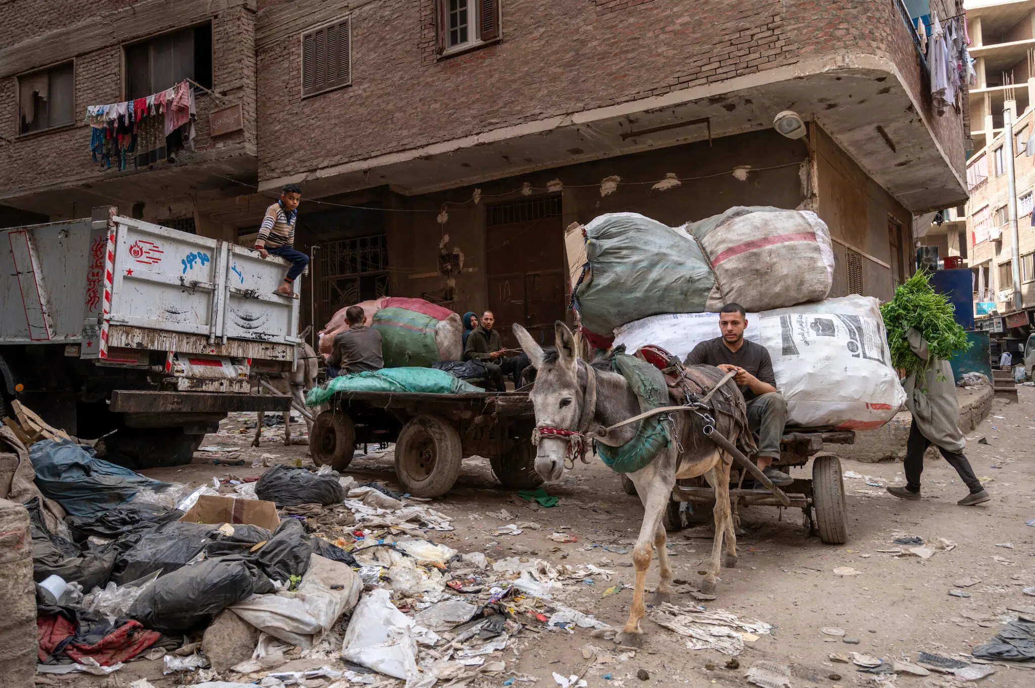 Egypt, March 2023. A donkey cart laden with sorted waste passes through one of Cairo’s Zabbaleen settlements, where the community plays a vital role in collecting, sorting, and recycling the city’s refuse.