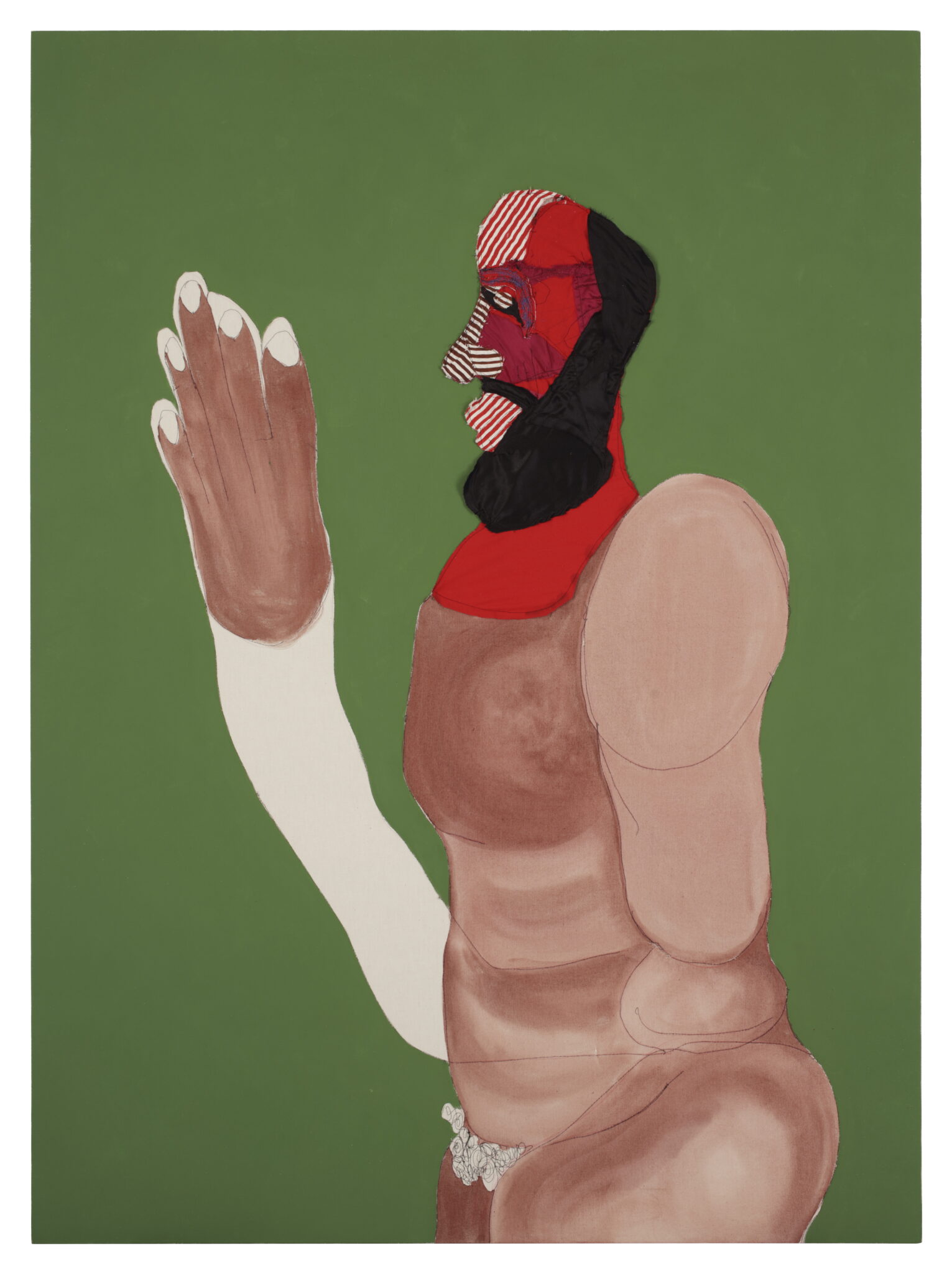 Tschabalala Self, &ldquo;Father,&rdquo; 2019. Acrylic, gouache, Flashe, thread, and fabric on canvas