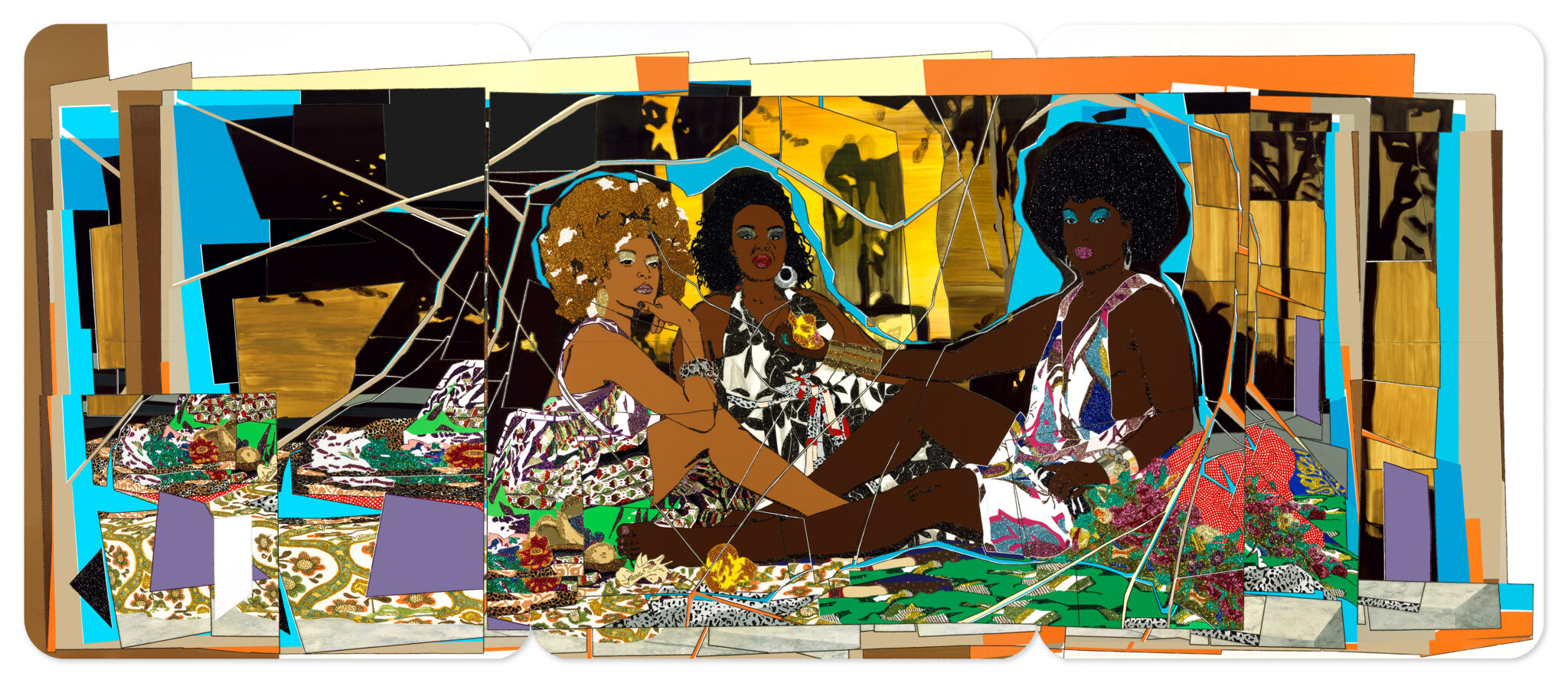 Mickalene Thomas, &ldquo;Le d&eacute;jeuner sur l'herbe: Les Trois Femmes Noires,&rdquo; 2010. Rhinestone, acrylic, and enamel on panel.