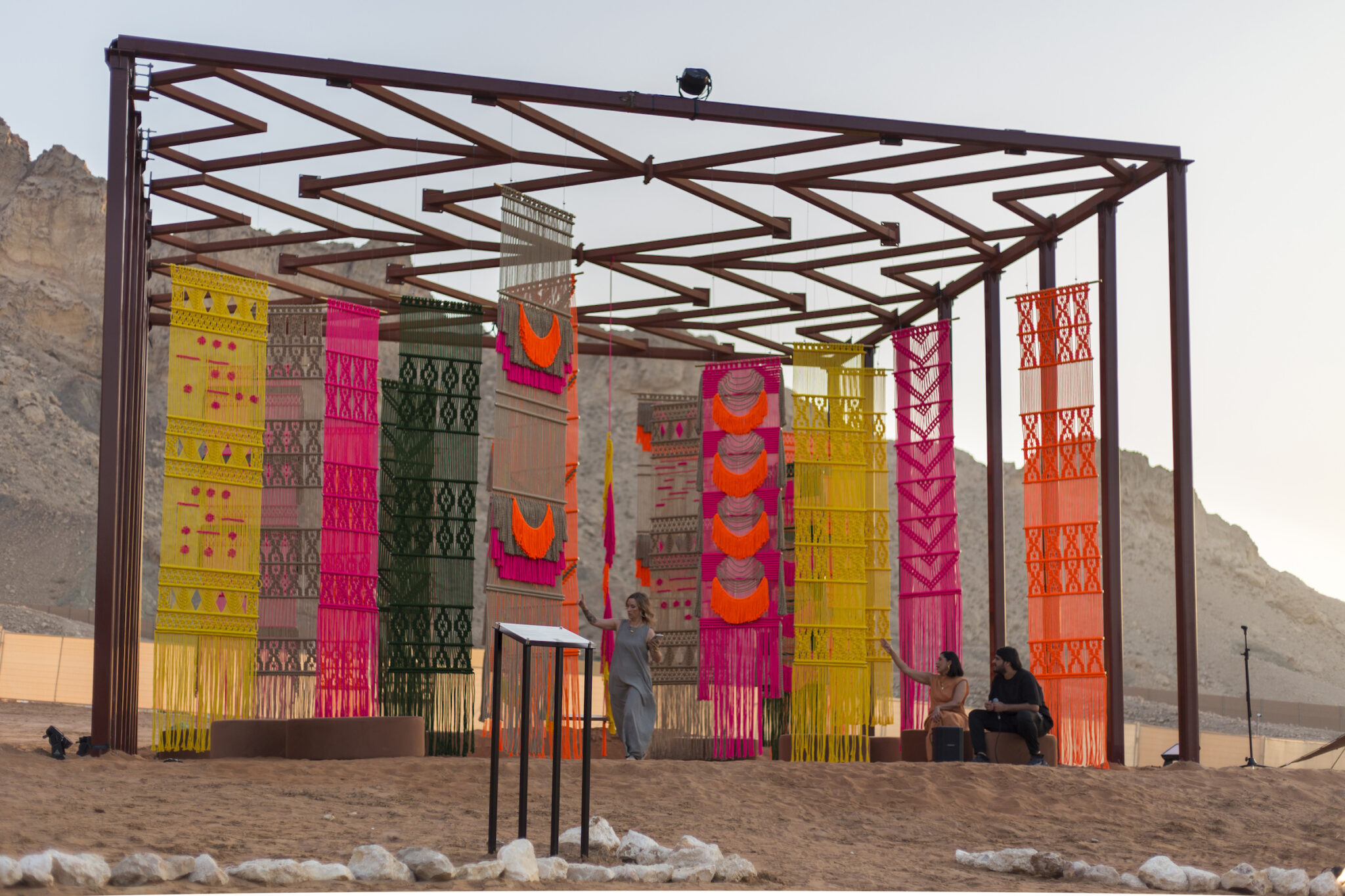Installation view of &ldquo;Ancestral Whispers&rdquo; installation at the 2025 Tanweer Festival in the Mleiha Desert, Sharjah, UAE.