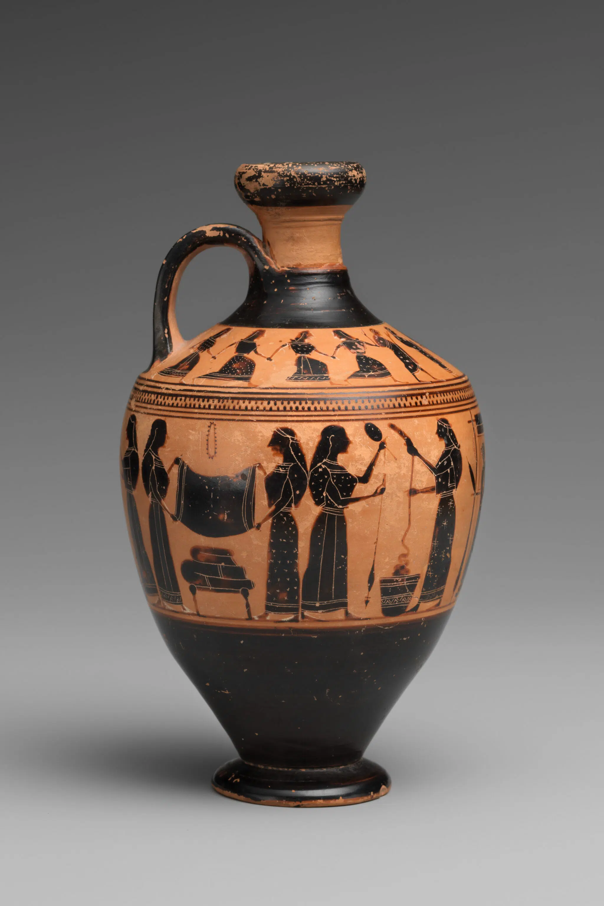 Terracotta lekythos (oil flask), attributed to the Amasis Painter, ca. 550&ndash;530 BCE