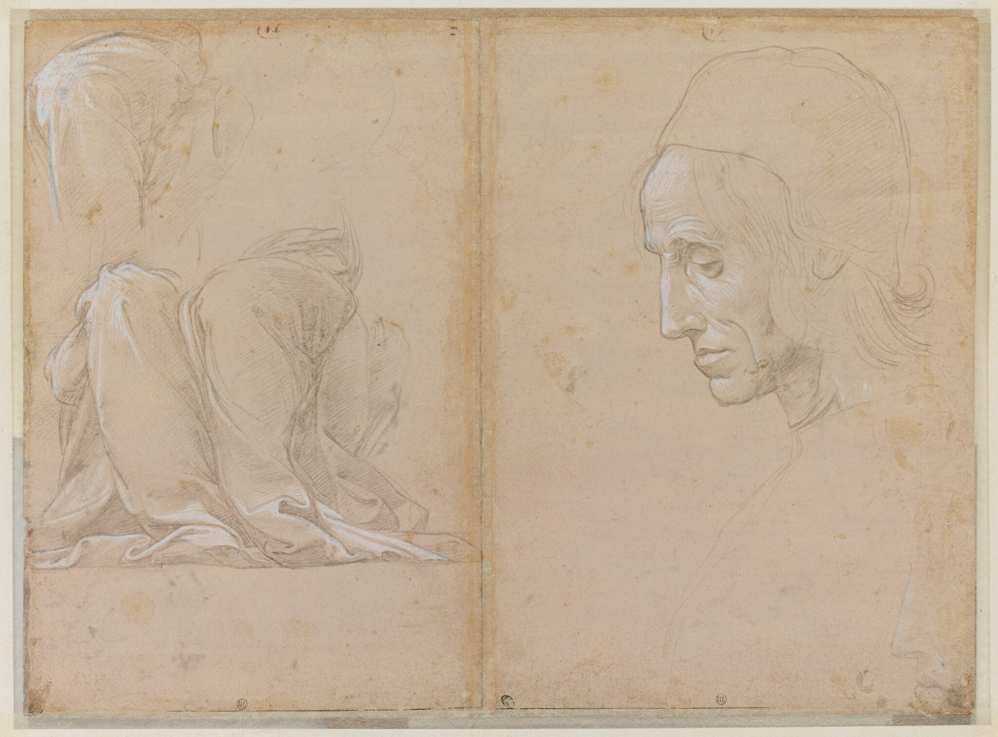 “Sketches of Infants; the Virgin and Child (recto), Two Studies for Draperies on a Seated Figure; Head of a Man in Profile (verso),” ca. 1507-8. Pen and brown ink, over leadpoint underdrawing (recto), metalpoint, highlighted with white gouache, on paper prepared yellowish pink (verso). (Photo: Ecole Nationale Supérieure des Beaux-Arts)