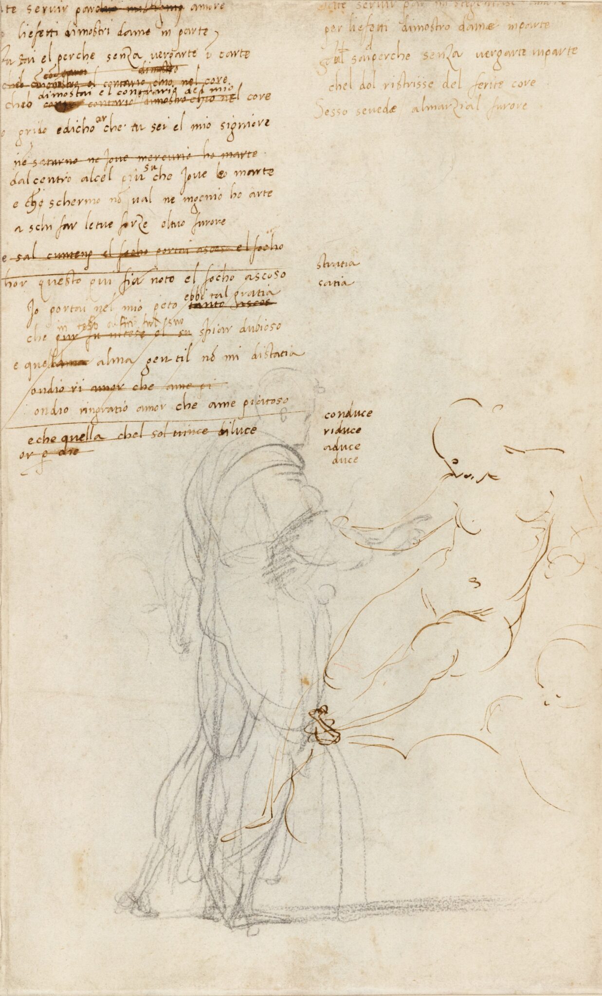 “Figure Studies and a Draft of a Petrarchan Sonnet (verso),” ca. 1509-11. Black chalk, pen and black ink (verso). (Photo: Ashmolean Museum of Art and Archaeology, Oxford)