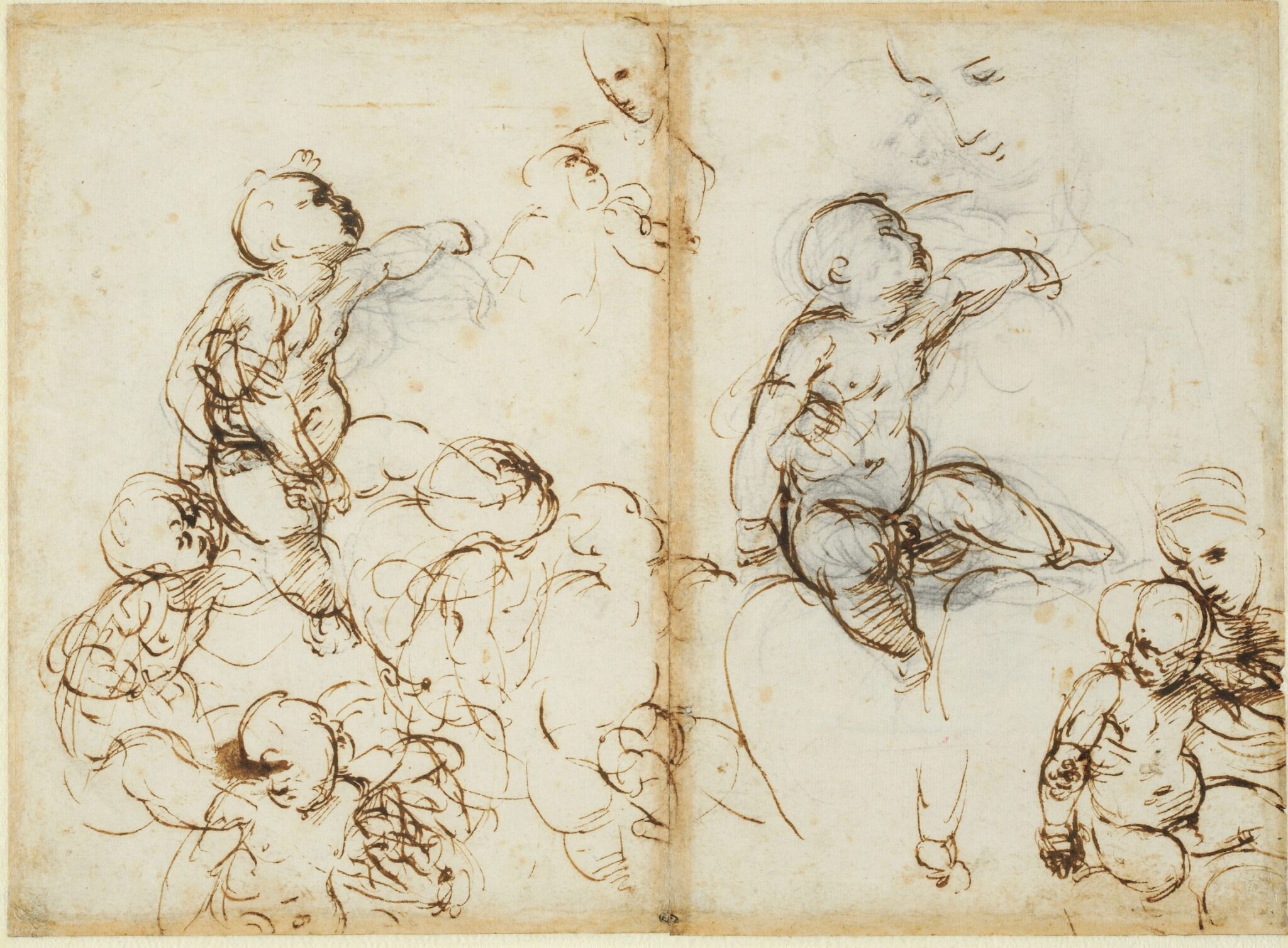 “Sketches of Infants; the Virgin and Child (recto), Two Studies for Draperies on a Seated Figure; Head of a Man in Profile (verso),” ca. 1507-8. Pen and brown ink, over leadpoint underdrawing (recto), metalpoint, highlighted with white gouache, on paper prepared yellowish pink (verso).