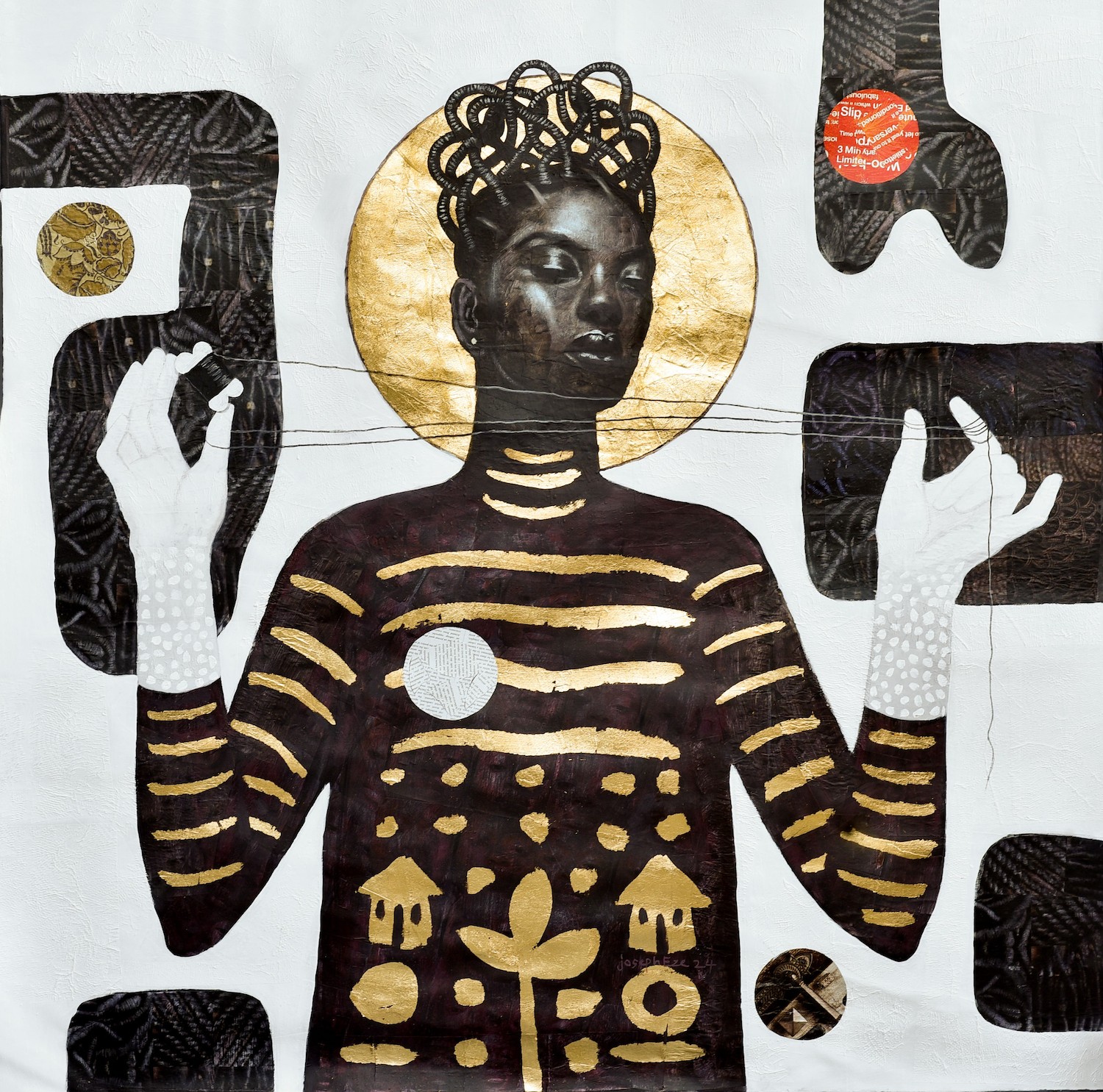 Joseph Eze, &ldquo;Totem (no 7),&rdquo; 2024. Acrylic, deskjet print-outs, magazine cut-outs, and gold leaf on canvas