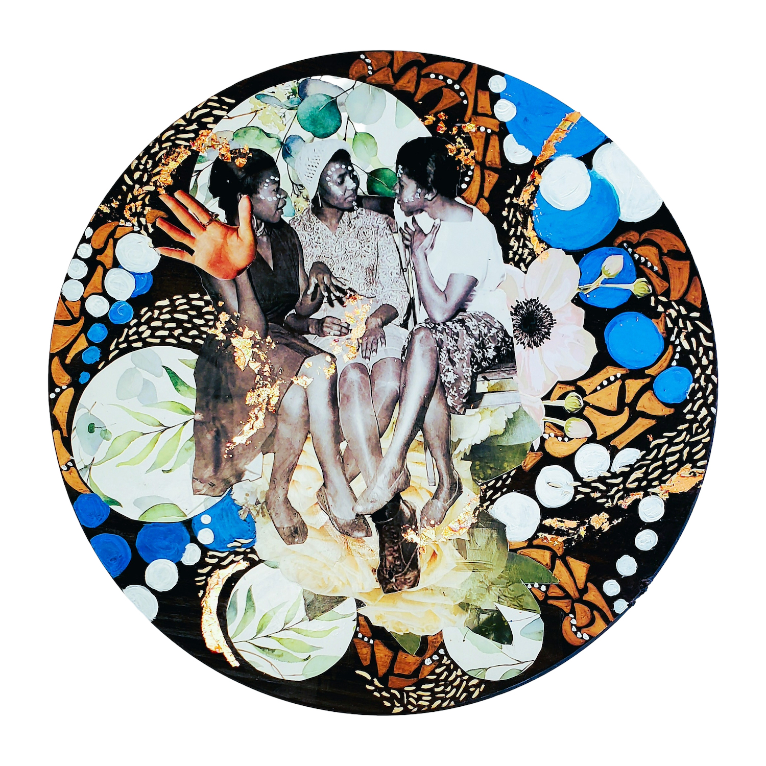 Lavett Ballard, &ldquo;Sister Circle,&rdquo; 2026. Mixed media collage on reclaimed wood panel