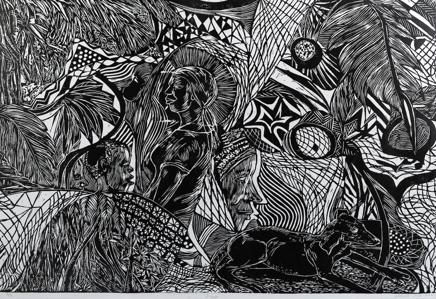 Maxwell Taylor, &ldquo;Focus,&rdquo; 2022. Linocut on paper. 