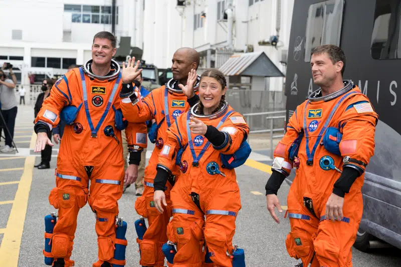 From right to left, NASA astronauts Reid Wiseman, commander; Christina Koch, mission specialist; Victor Glover, pilot; and CSA (Canadian Space Agency) astronaut Jeremy Hansen, mission specialist wave to family and friends as they prepare to depart the Neil A. Armstrong Operations and Checkout Building to board their Orion spacecraft atop NASA&rsquo;s Space Launch System (SLS) rocket at Launch Complex 39B, Wednesday, April 1, 2026, at NASA&rsquo;s Kennedy Space Center in Florida. NASA&rsquo;s Artemis II mission will take Wiseman, Glover, Koch, and Hansen on a 10-day journey around the Moon and back aboard their Orion spacecraft from Launch Complex 39B, with a two hour launch window opening at . Photo Credit: (NASA/Aubrey Gemignani)