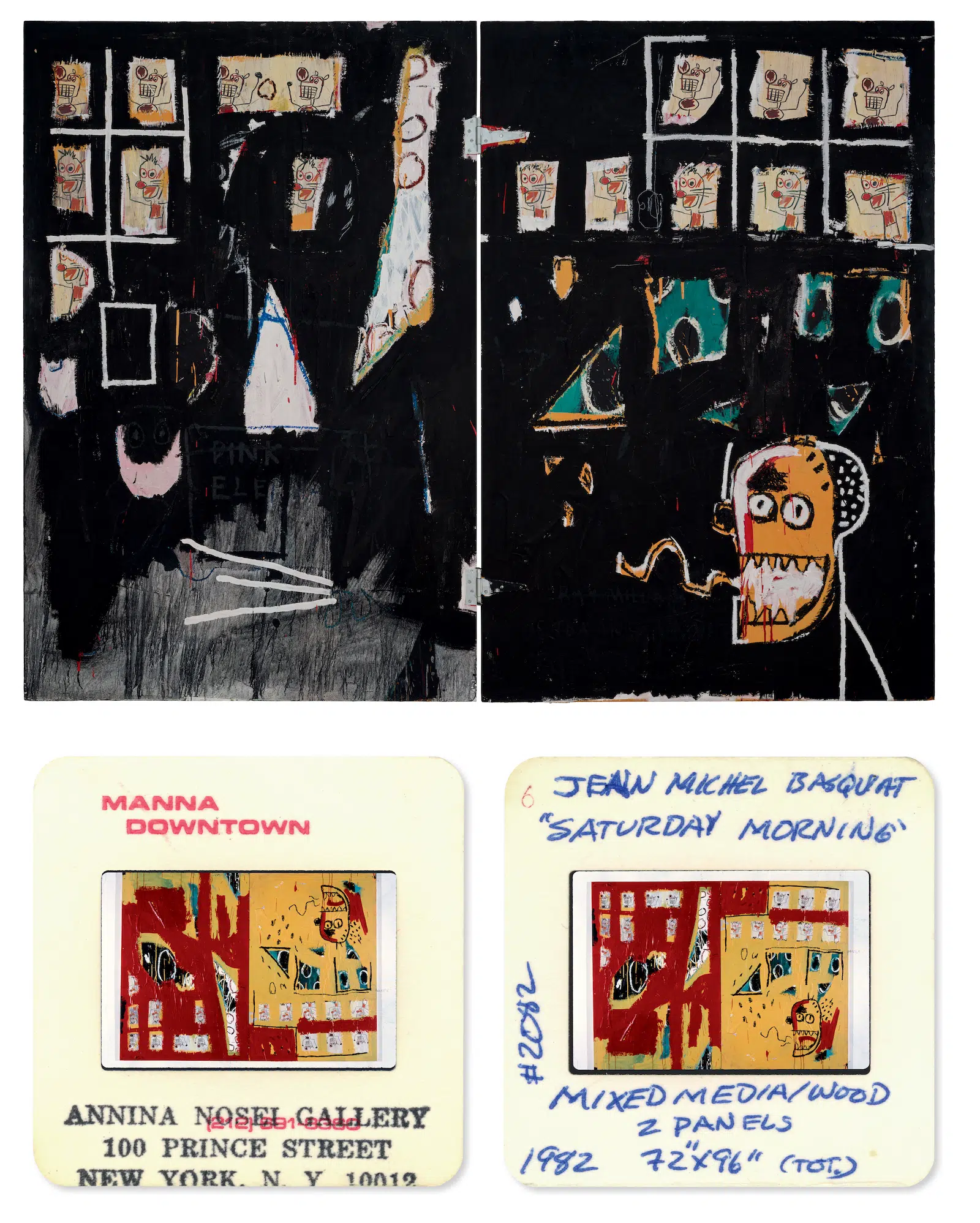 &ldquo;Untitled (Saturday Morning&mdash;Too Much Sugar),&rdquo; 1982. Acrylic, oil stick, photocopies, and paper collage on hinged wood. (Courtesy Colour Themes)