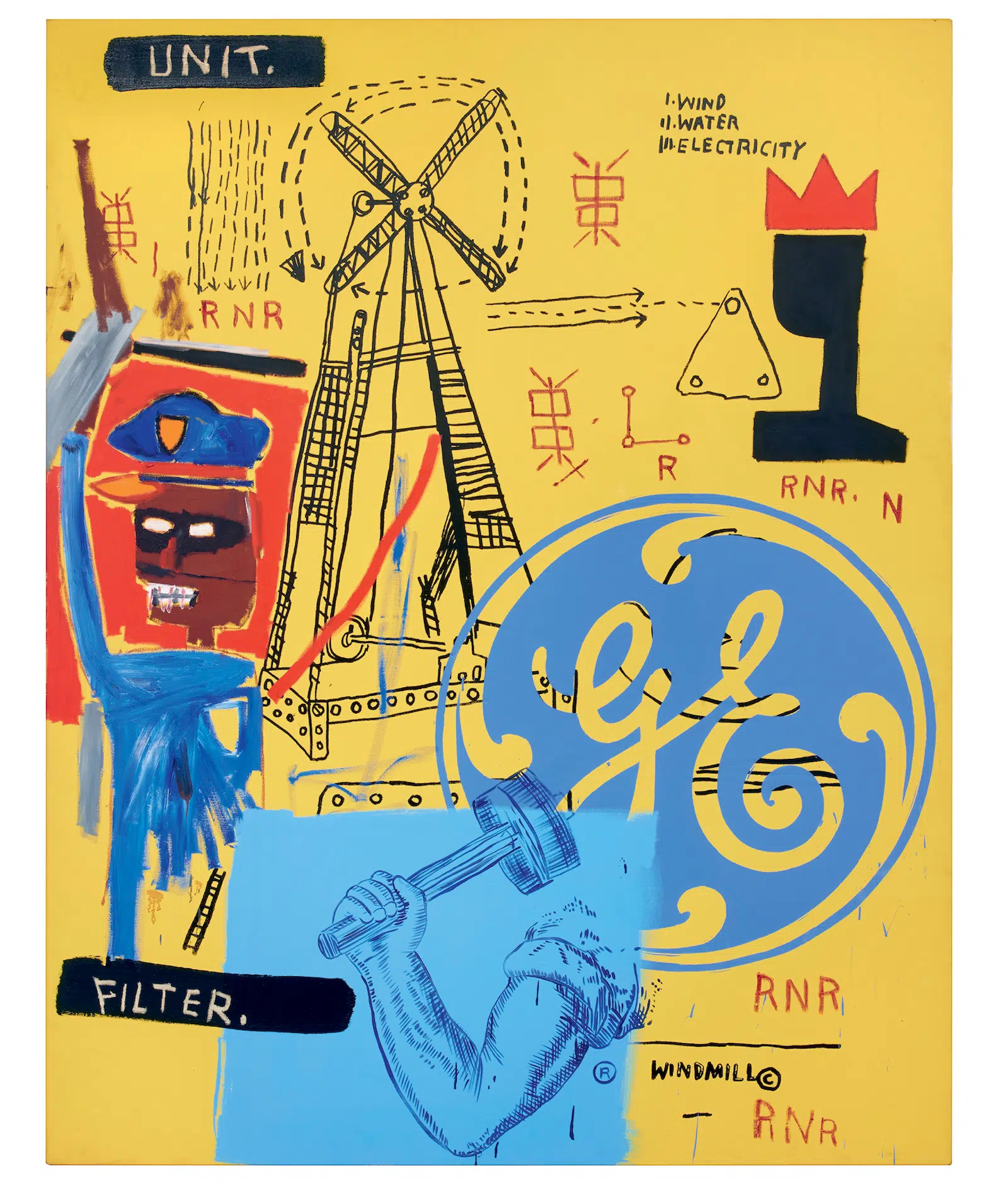 Basquiat and Andy Warhol, &ldquo;Unit Filter GE,&rdquo; 1984. Acrylic and silk screen ink on canvas. (Courtesy Colour Themes)