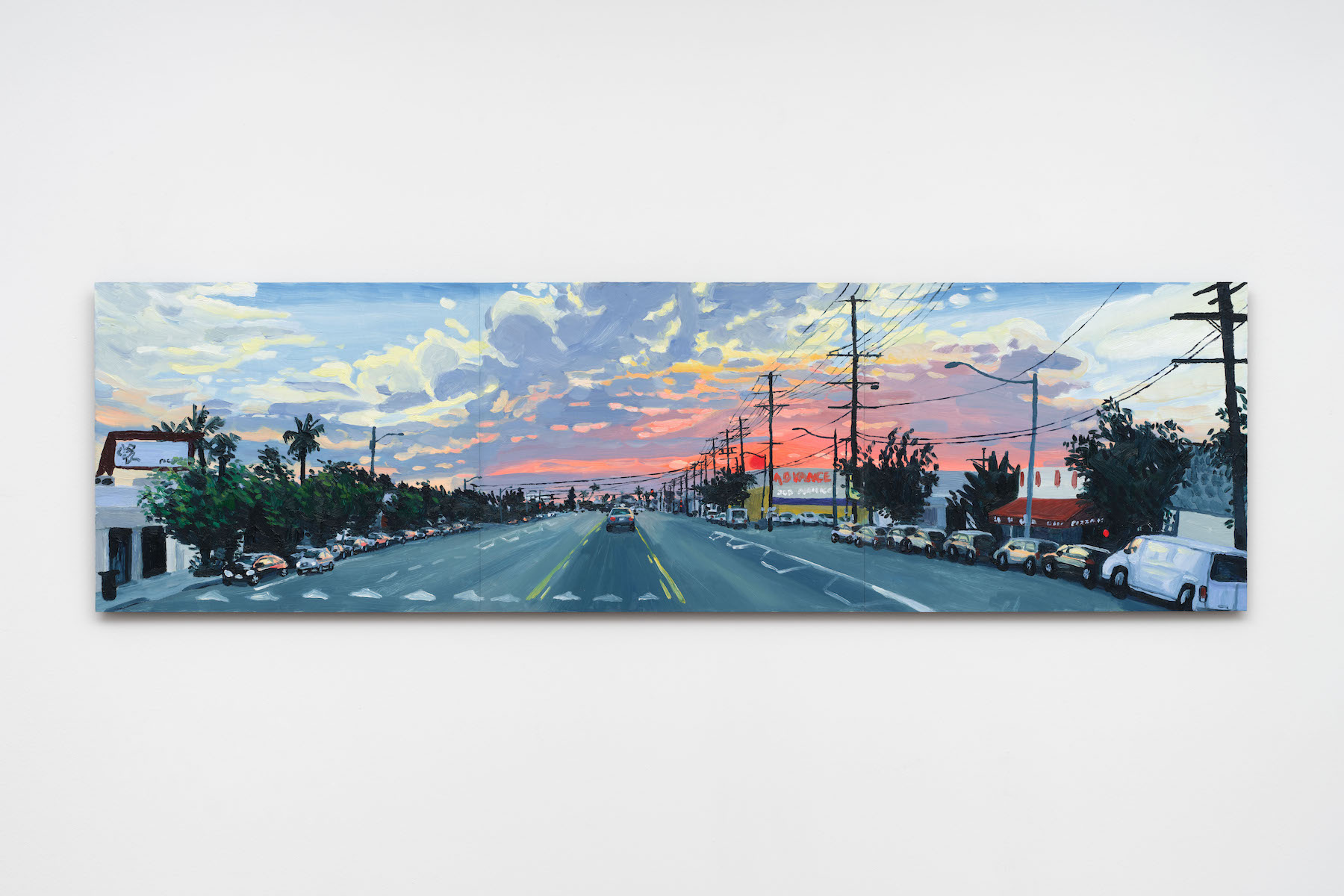 &ldquo;LA sunset,&rdquo; 2026. Oil on 3 masonite panels.