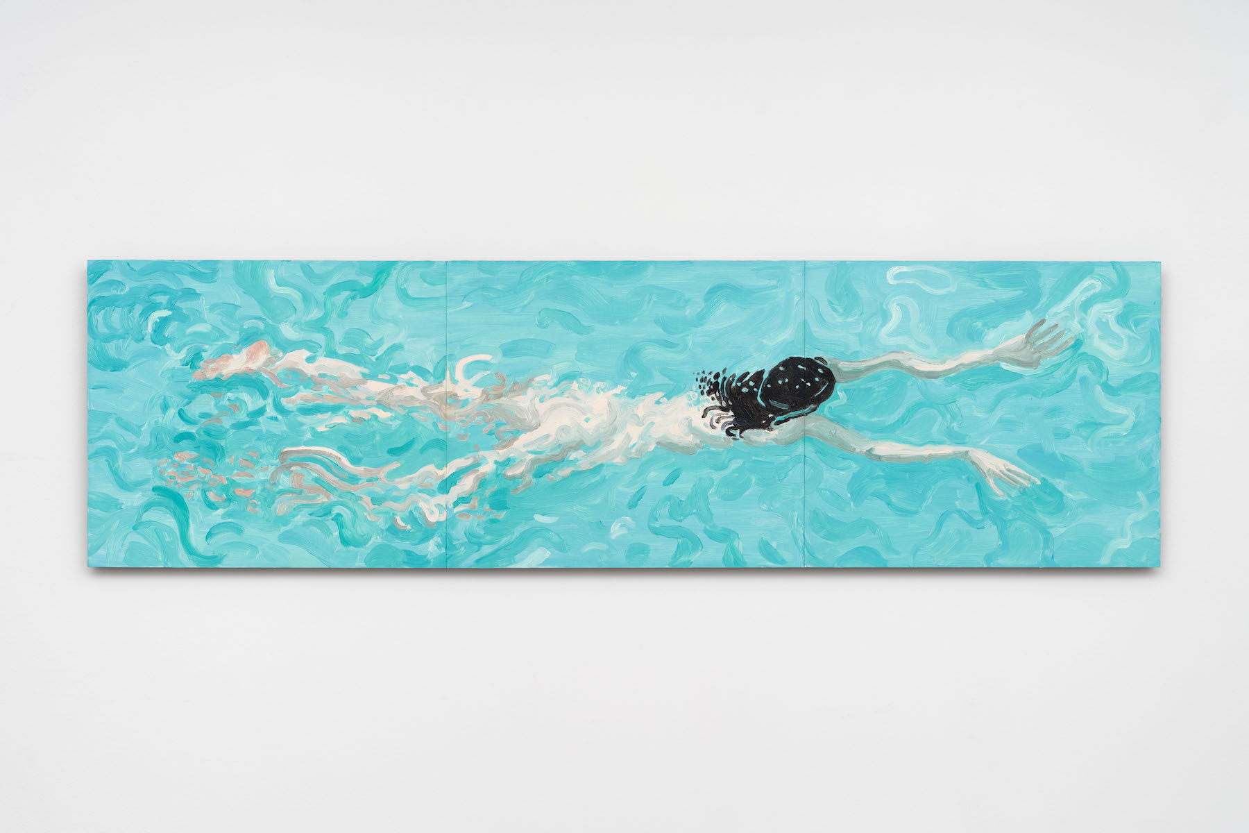 &ldquo;Pool swimmer,&rdquo; 2025. Oil on 3 masonite panels.