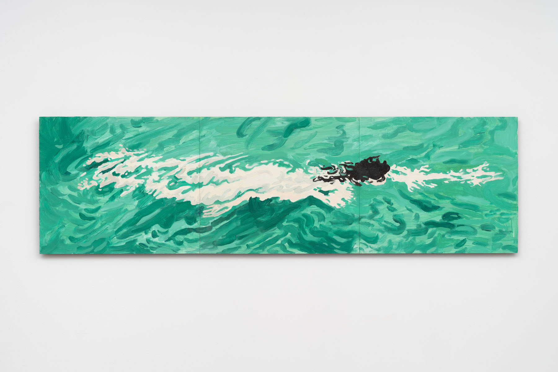 &ldquo;River swimmer,&rdquo; 2025. Oil on 3 masonite panels.