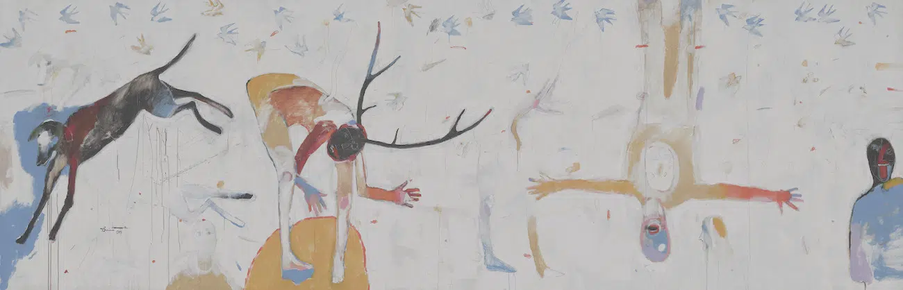 ick Bartow (Wiyot, 1946&ndash;2016)"The Magical Mind in Rural America," 2015 Acrylic and graphite on unstretched canvas, 73 1/2 x 219 1/2 in. (186.69 x 557.531 cm) Fine Arts Museums of San Francisco, Museum purchase, Phyllis C. Wattis Fund for Major Accessions, 2024