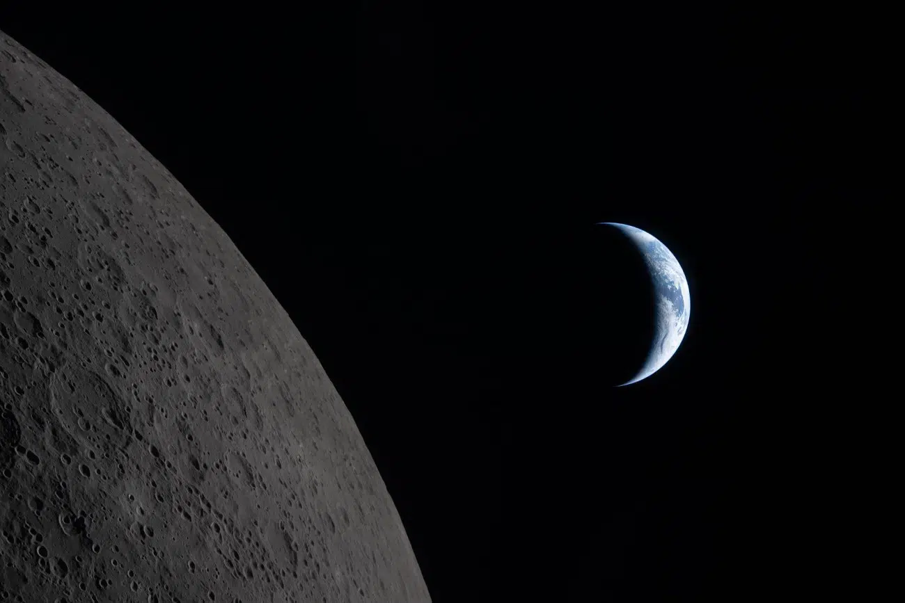 Earth and moon from the Artemis II Orion spacecraft