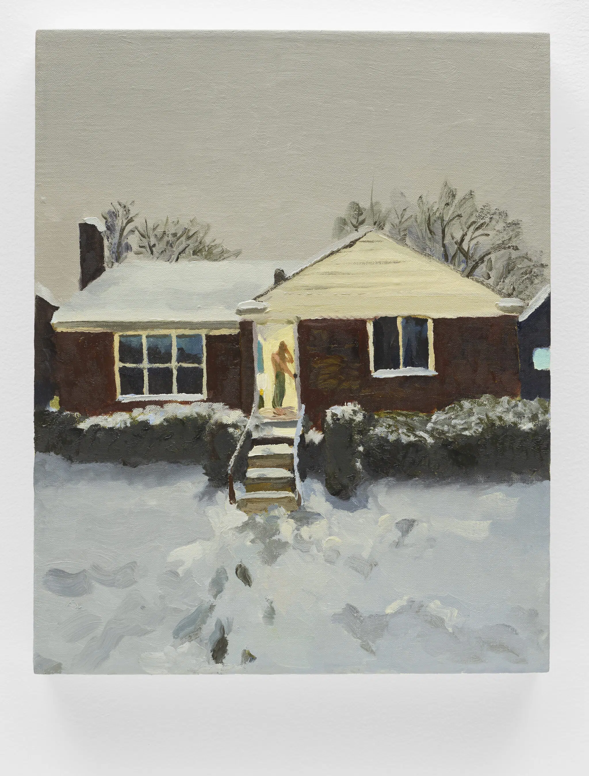 A painting by Liu Xiaodong depicting a suburban house in a snowy landscape