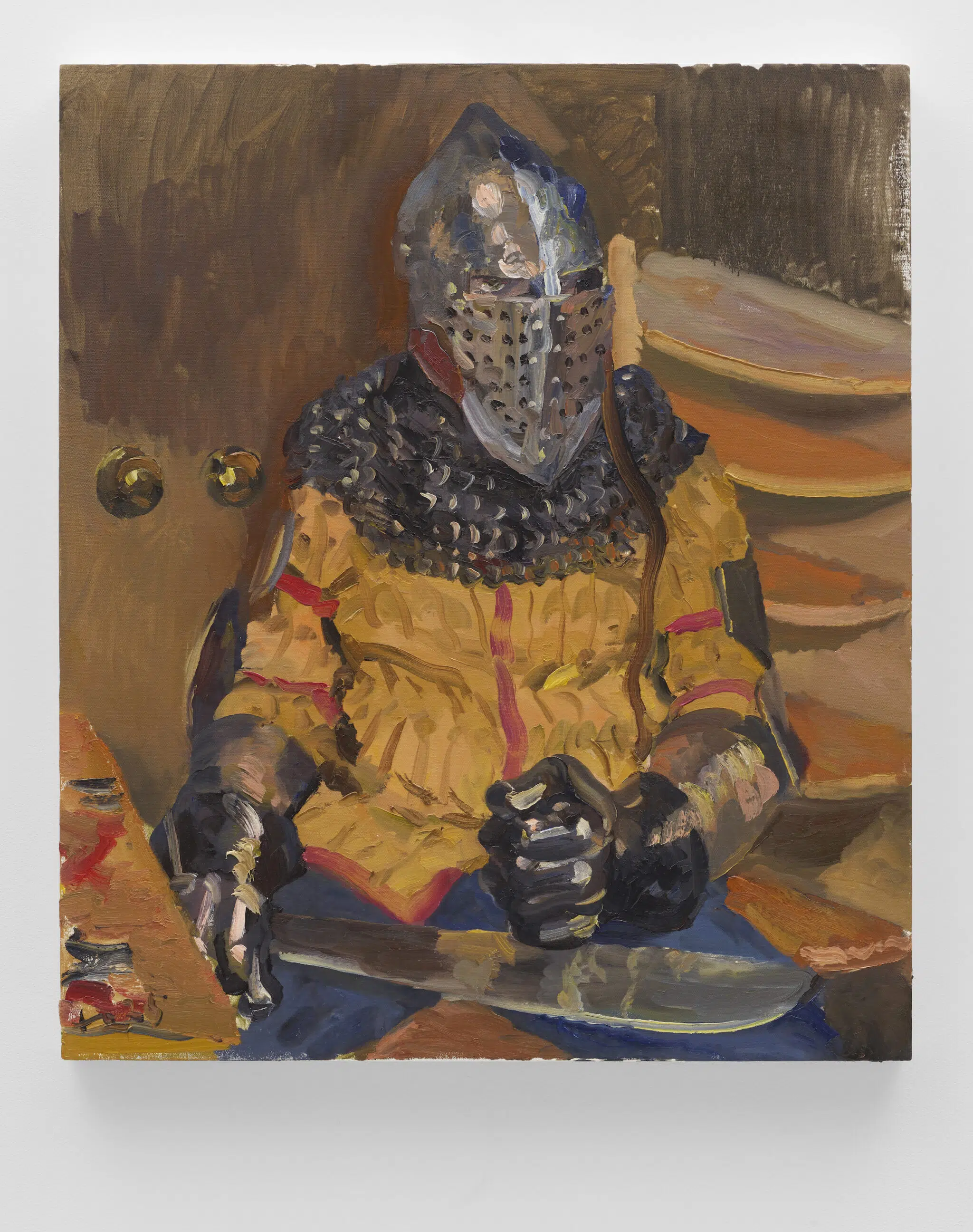 A painting by Liu Xiaodong depicting a seated knight with a sword splayed over his lap