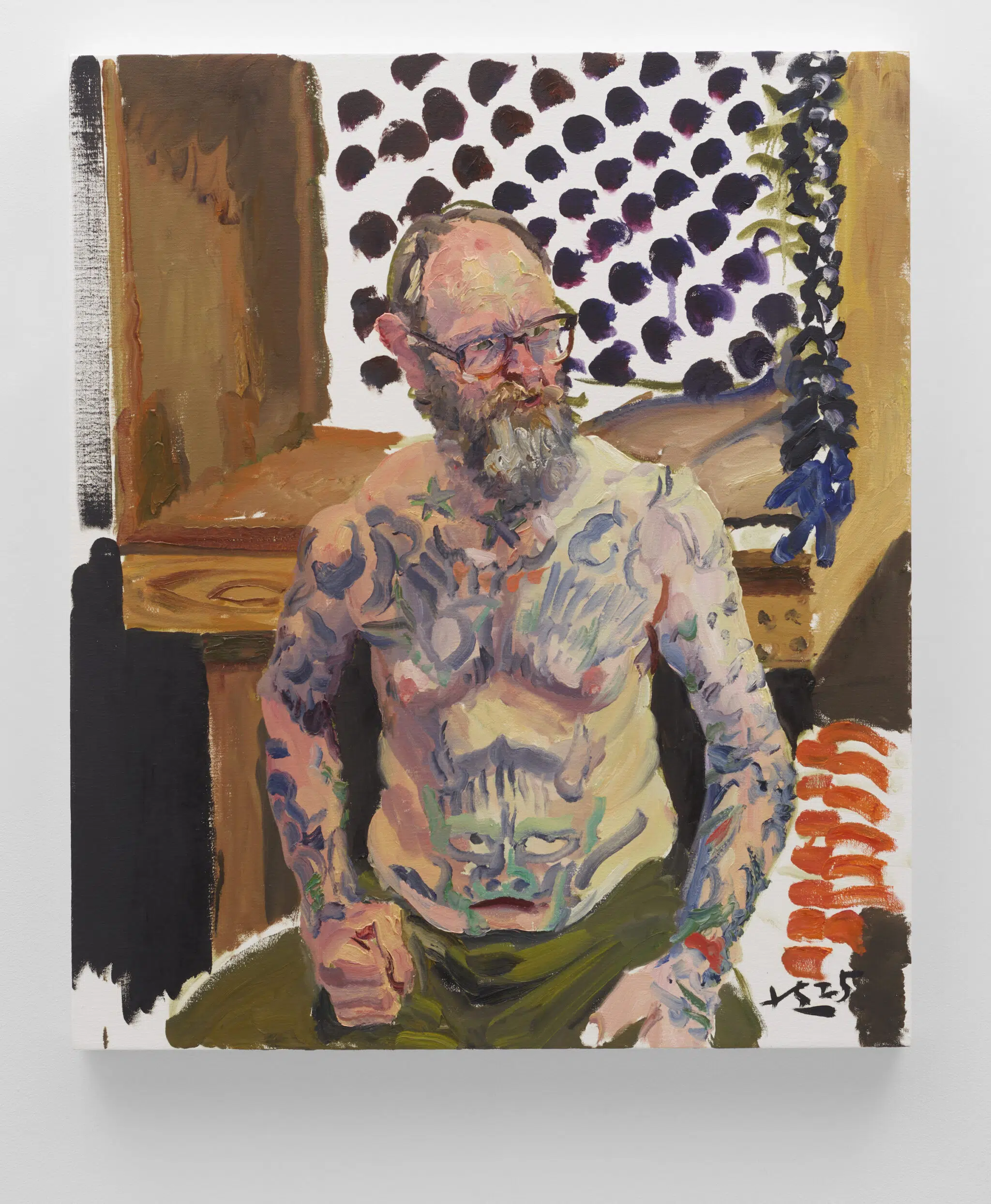 A painting by Liu Xiaodong depicting a shirtless man whose chest is covered in tattoos