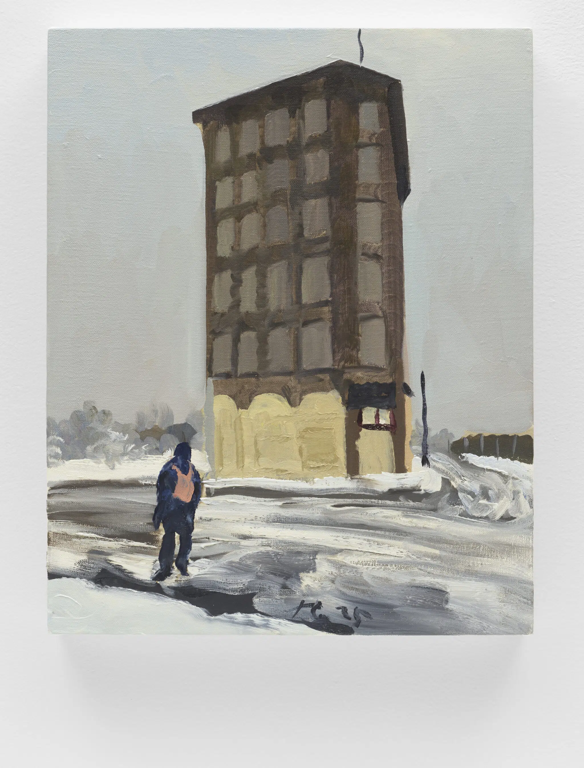 A painting by Liu Xiaodong depicting a snowy landscape with a single apartment building and figure staring at it from across the street
