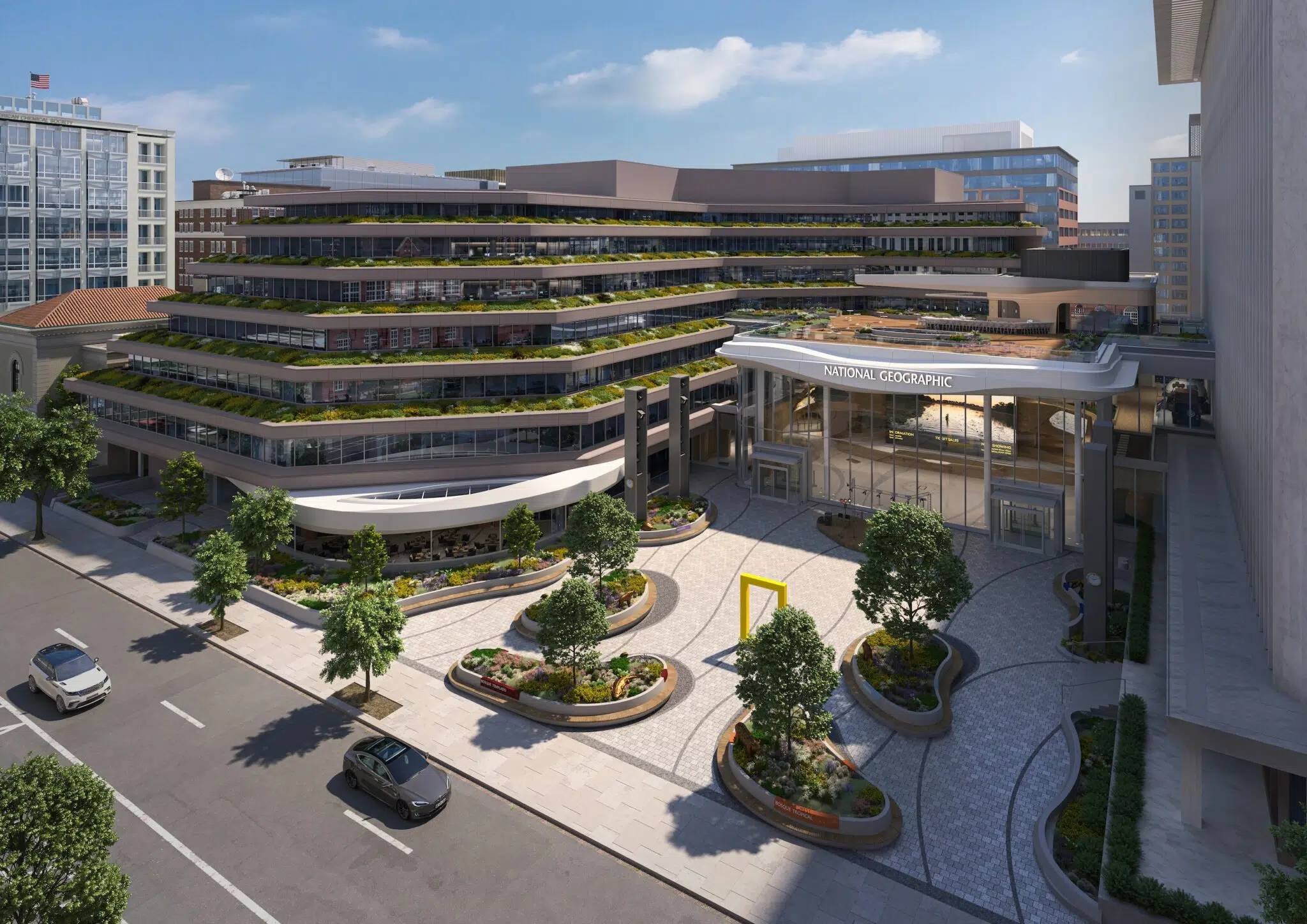 Rendering of the exterior front courtyard of the renovated National Geographic Society headquarters and Museum of Exploration.