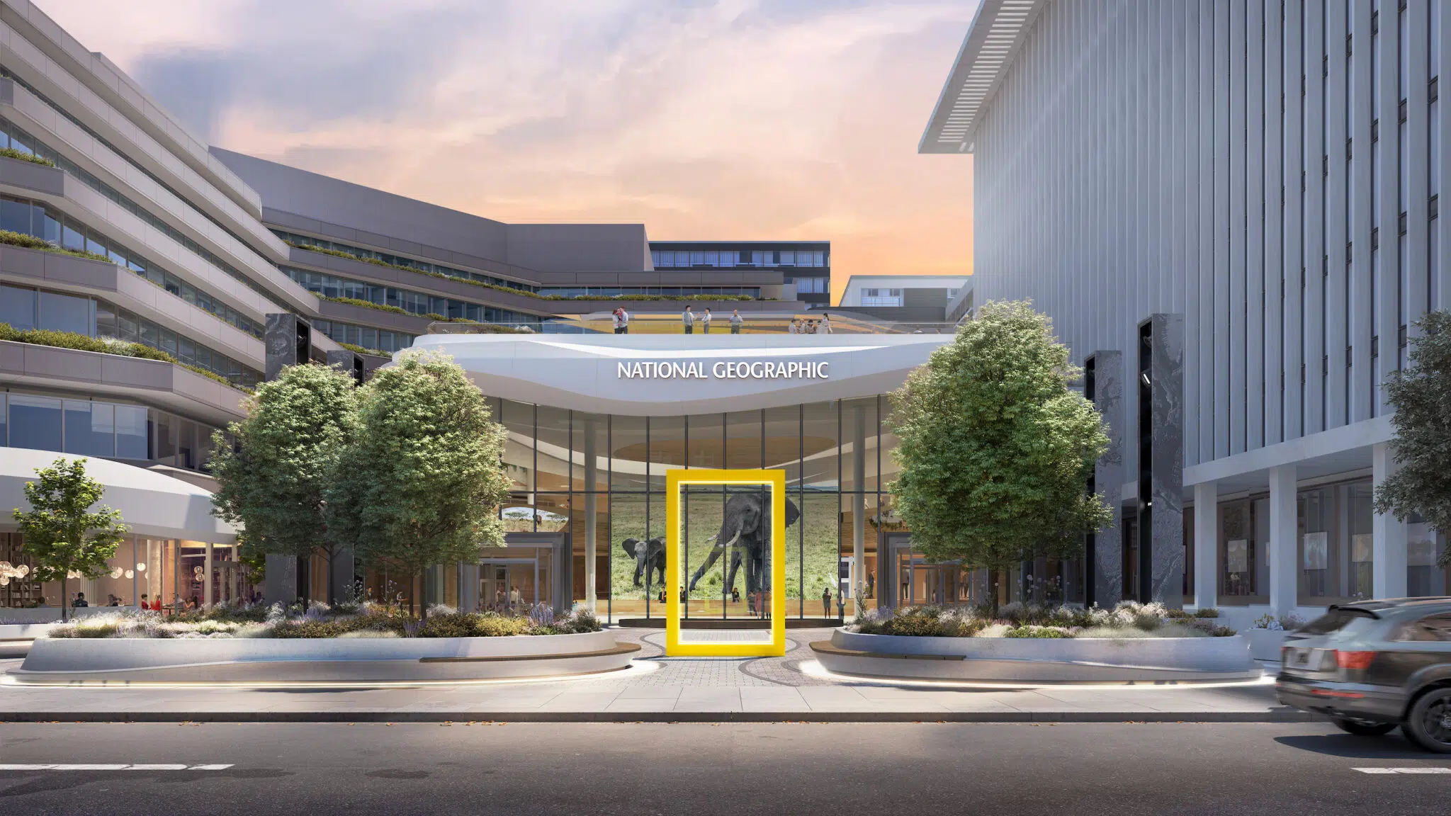Rendering of the exterior front courtyard of the renovated National Geographic Society headquarters and Museum of Exploration.